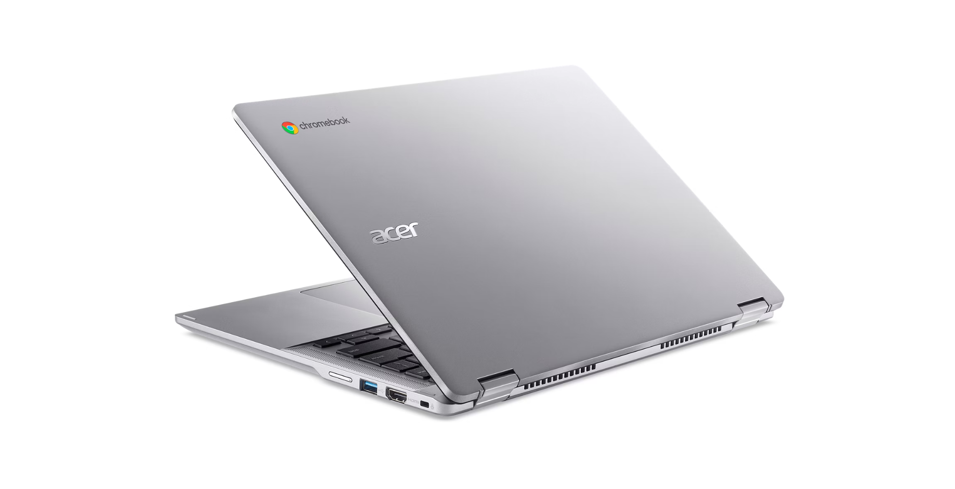 Zilveren Acer Chromebook laptop, gedeeltelijk open. Het Chromebook-logo en de Acer-tekst zijn zichtbaar. De achtergrond is wit.