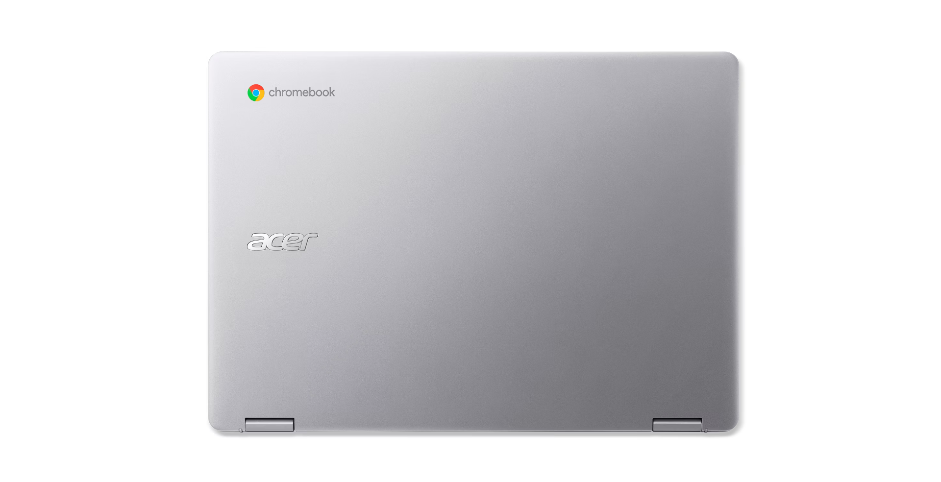 Zilveren Acer Chromebook laptop gesloten. Chromebook logo rechtsboven, Acer logo in het midden. Witte achtergrond, zwarte rand.