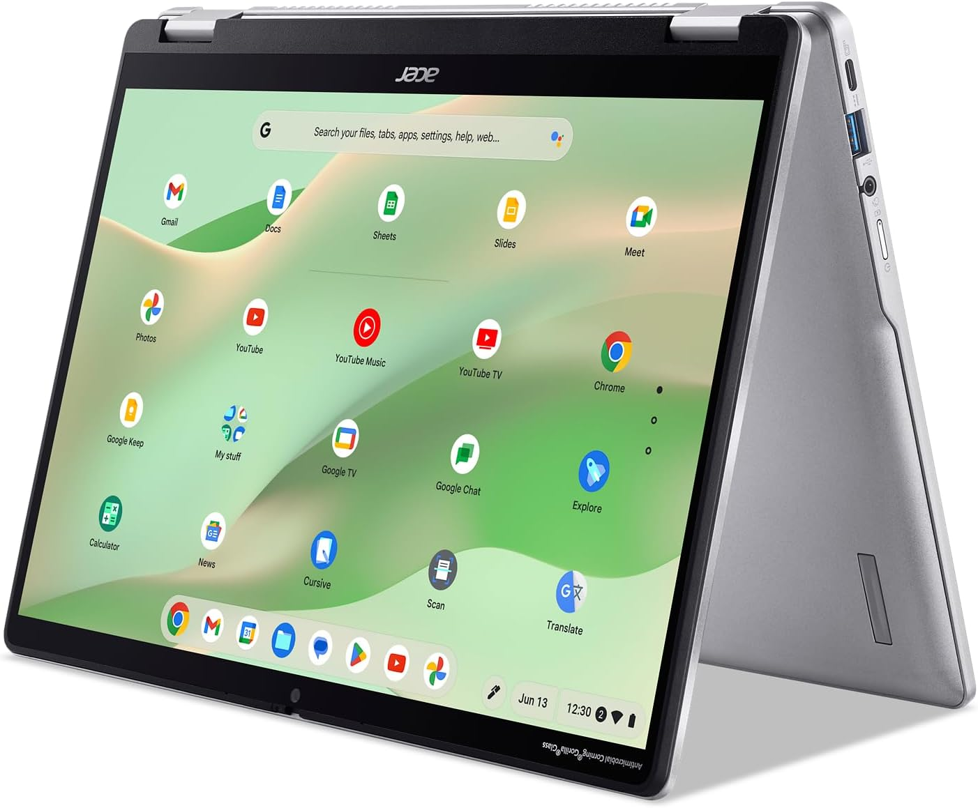 Acer Chromebook in tabletmodus, met apps op het scherm. Het scherm toont de Chrome OS-interface, met app-pictogrammen.