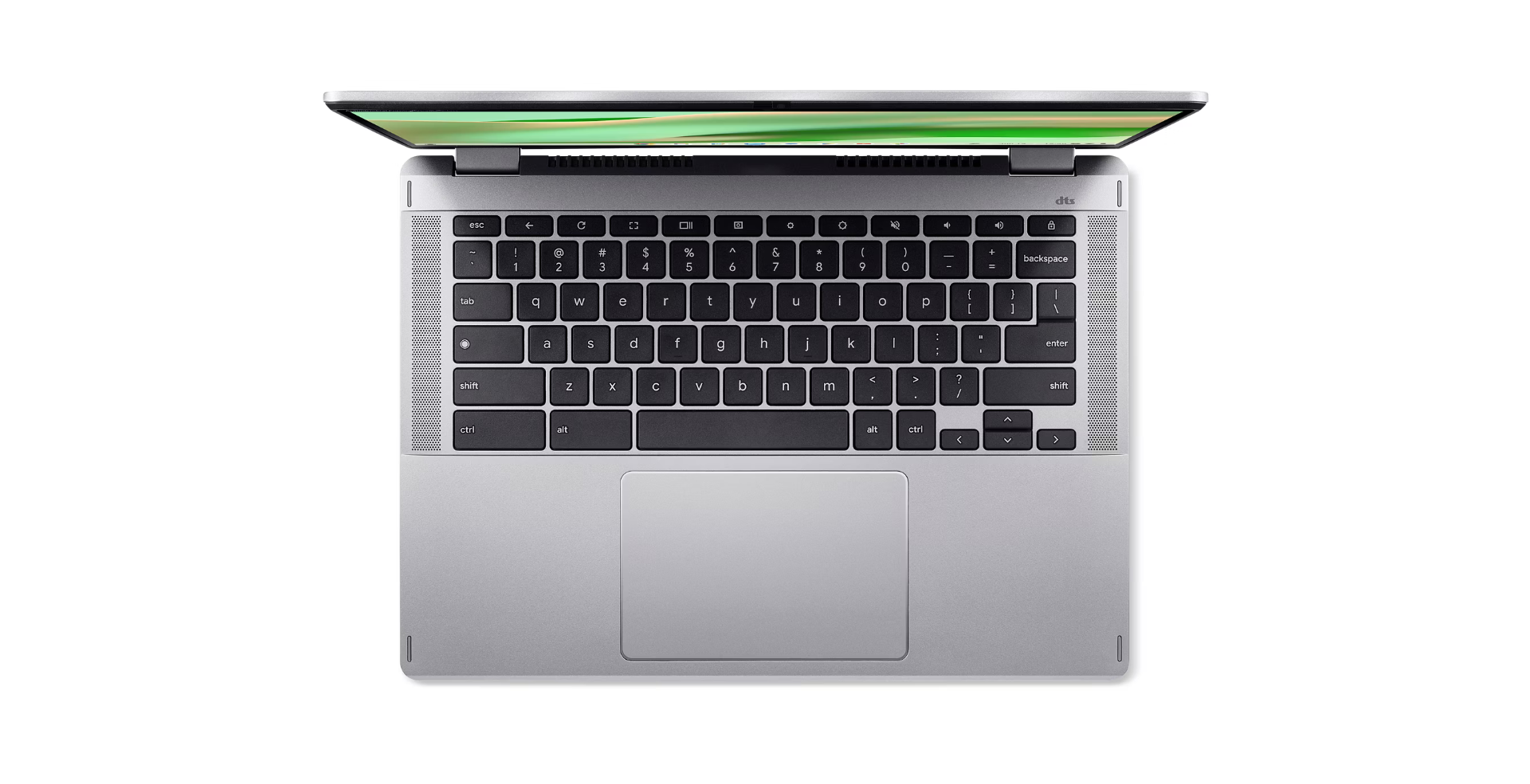Overzicht van een zilveren laptop met open scherm. Het toetsenbord is zwart. De achtergrond is zwart.
