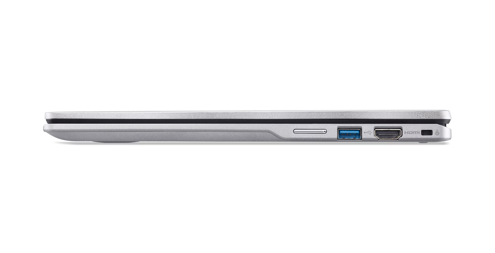 Zijaanzicht van een zilveren laptop. Zichtbare poorten zijn USB, HDMI en een beveiligingsslot. De laptop staat op een witte ondergrond.