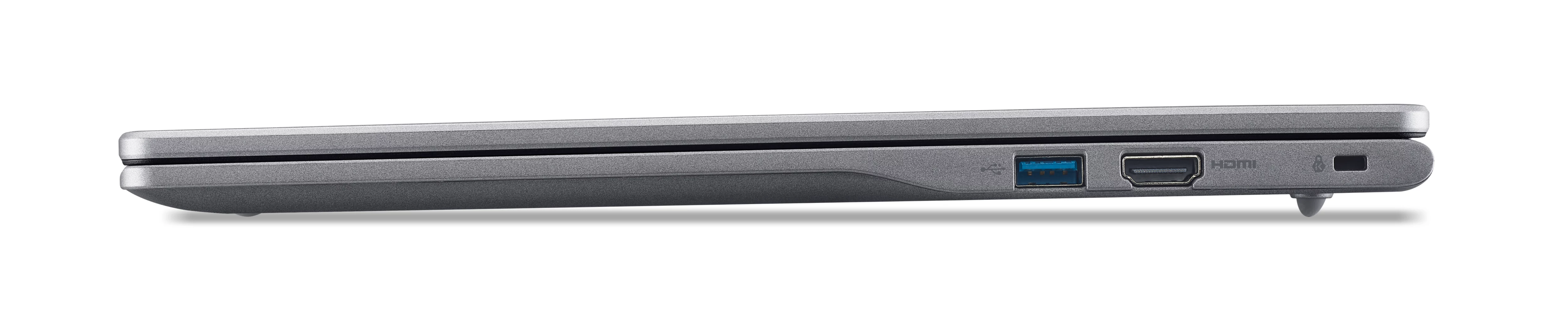 Side view of a closed silver laptop with ports. USB, HDMI, and a charging port are visible.