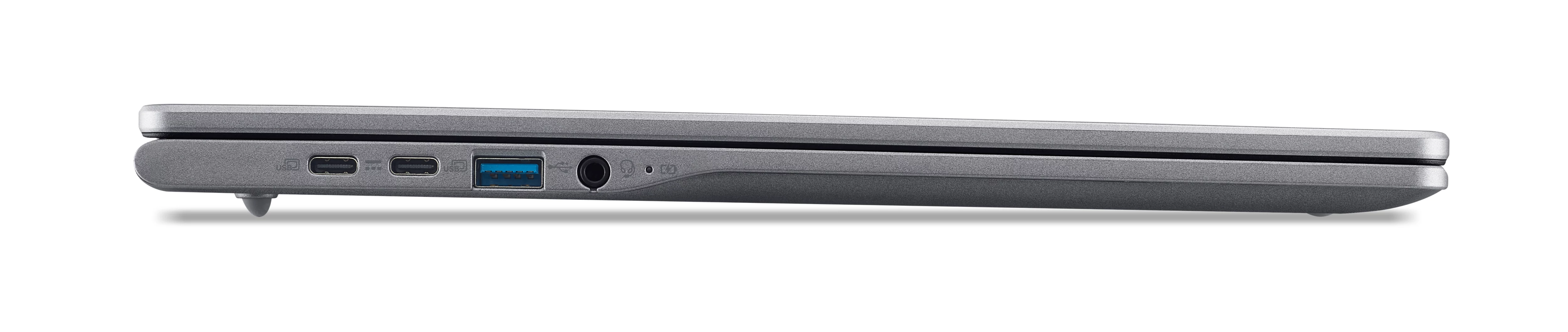 Side view of a closed silver laptop with ports. It is on a white background. 