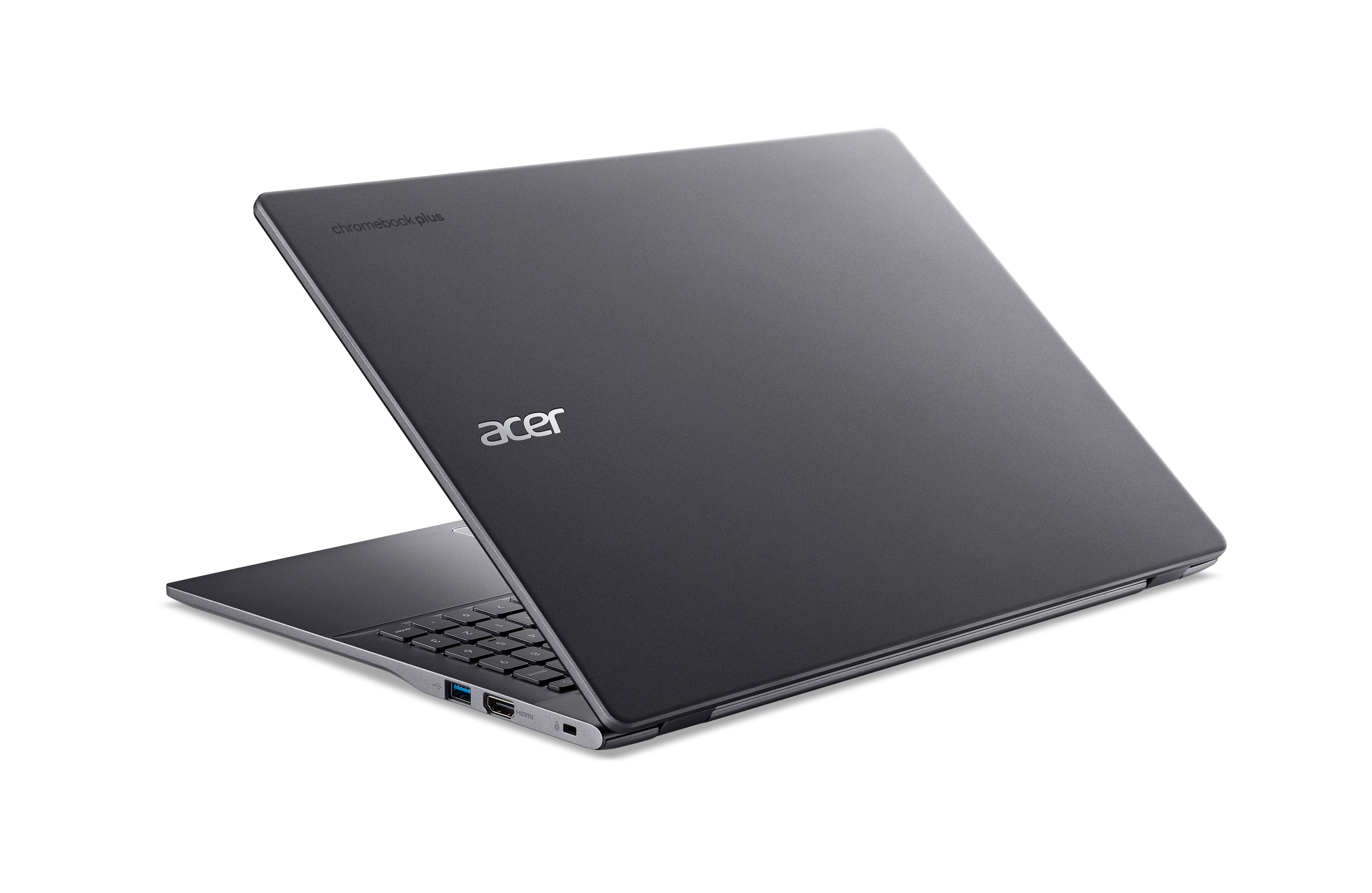 A gray Acer Chromebook Plus laptop is slightly open on a white background. The Acer logo is visible on the lid.