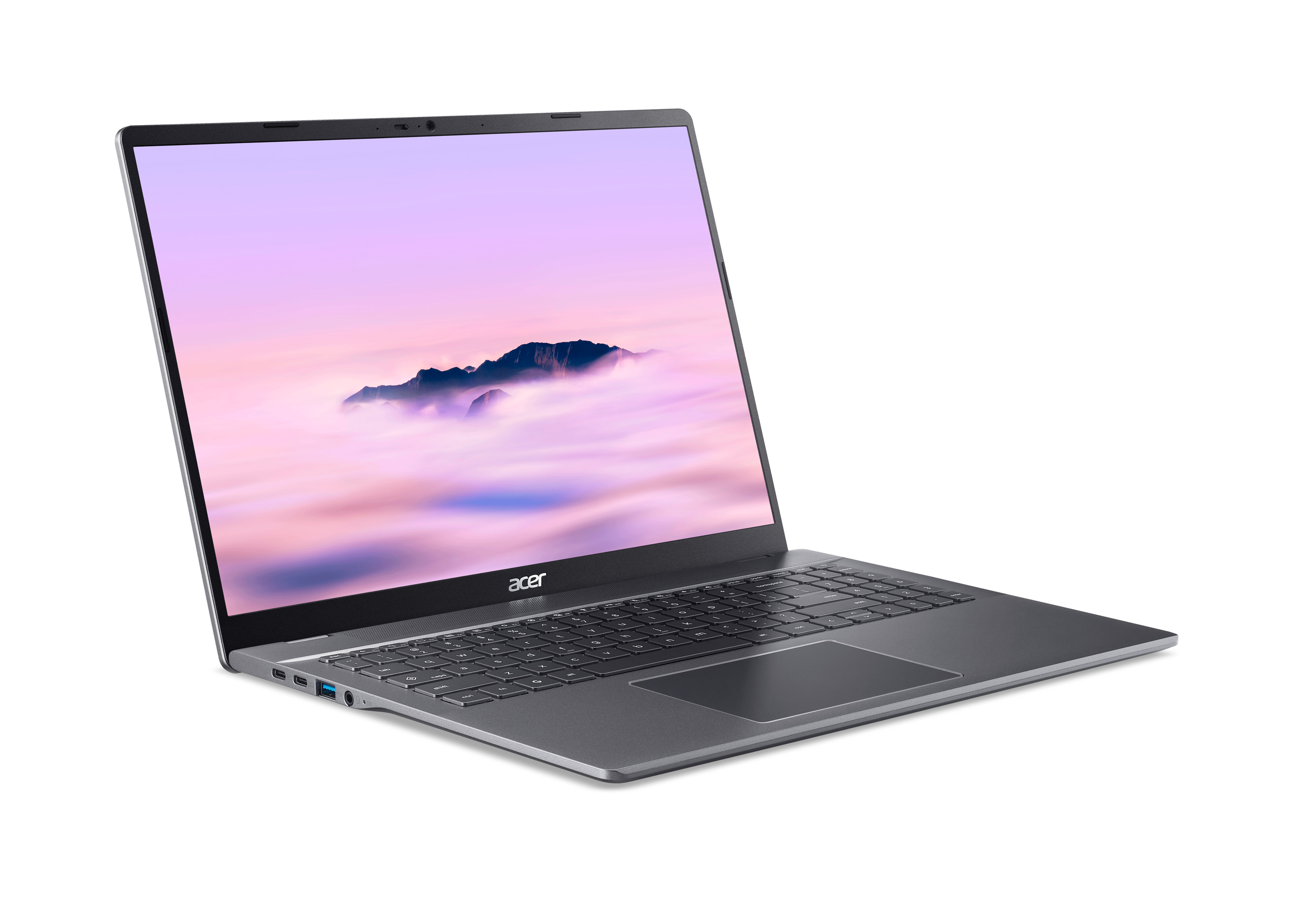 Acer laptop open, angled. Screen shows mountain scene. Keyboard visible, gray body. White background.