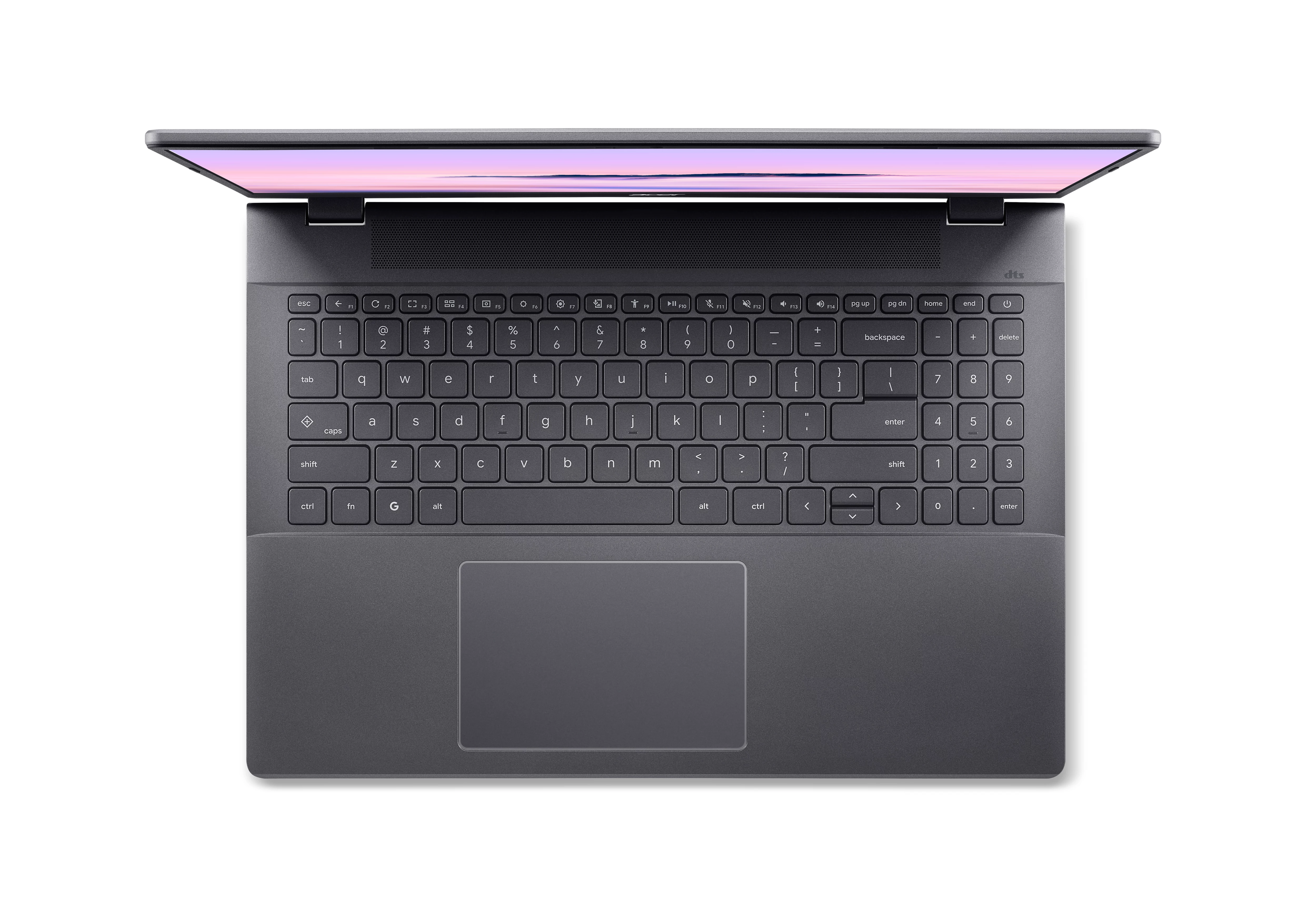 Overhead view of a gray laptop with screen open, showing keyboard and trackpad. White background.