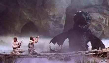 Zwei Männer zielen mit Gewehren auf ein großes, dunkles Monster in einer nebligen Höhle. Sie stehen auf einer Holzkonstruktion. Das Wesen hat Flügel.