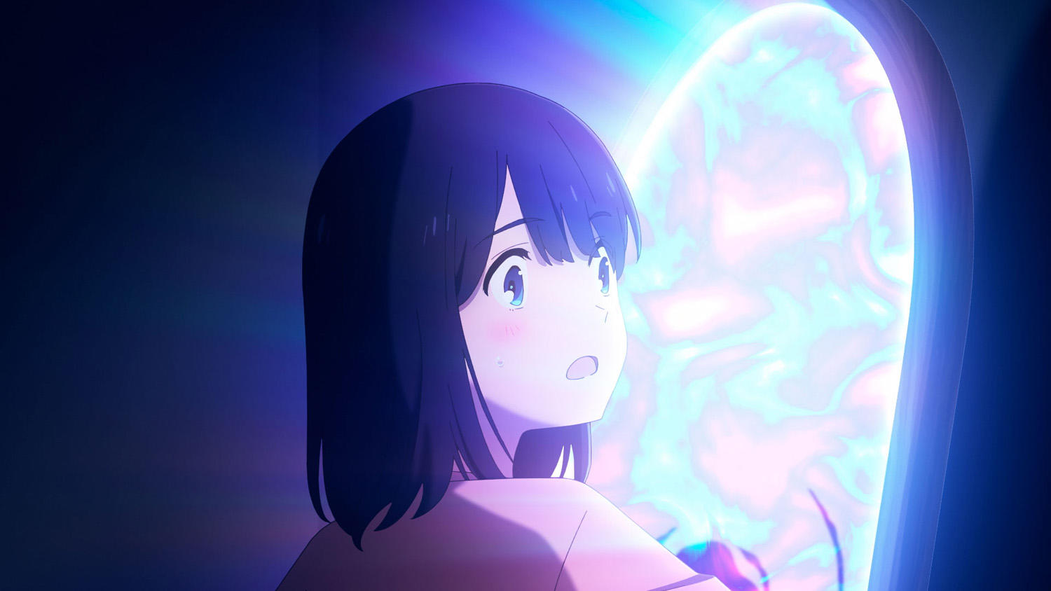Anime-Mädchen mit schwarzen Haaren blickt auf eine leuchtende Kugel. Der Hintergrund ist dunkelblau.