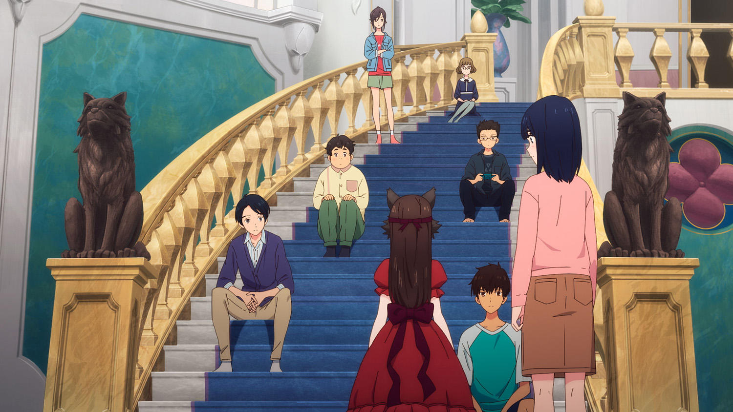 Anime-Szene mit Personen auf einer großen Treppe. Zwei Löwenstatuen flankieren die Treppe. Leute sitzen oder stehen, lässig gekleidet.