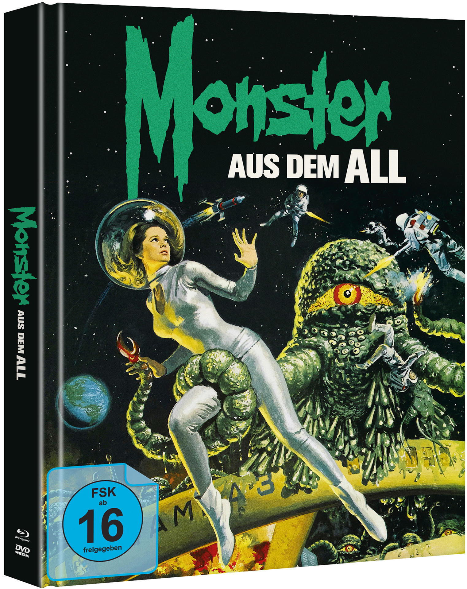 Science-Fiction-Filmplakat: Frau im Weltraum, grünes Monster, Astronauten und Raumschiff vor schwarzem Weltraumhintergrund. Text auf Deutsch.
