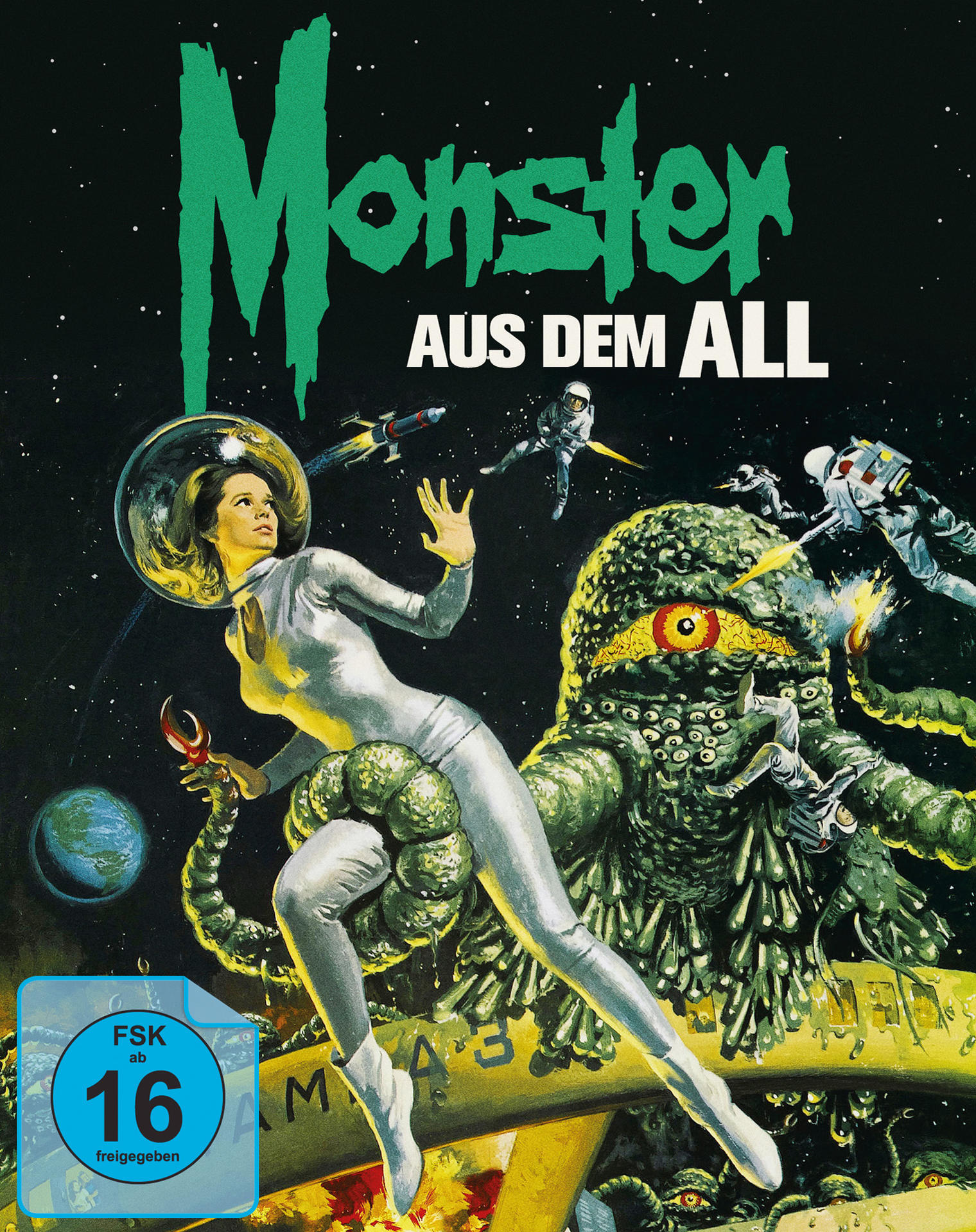Science-Fiction-Filmplakat. Eine Frau in silbernem Anzug kämpft im Weltraum gegen ein grünes Monster. Auch andere Astronauten kämpfen. Der Titel ist grün.