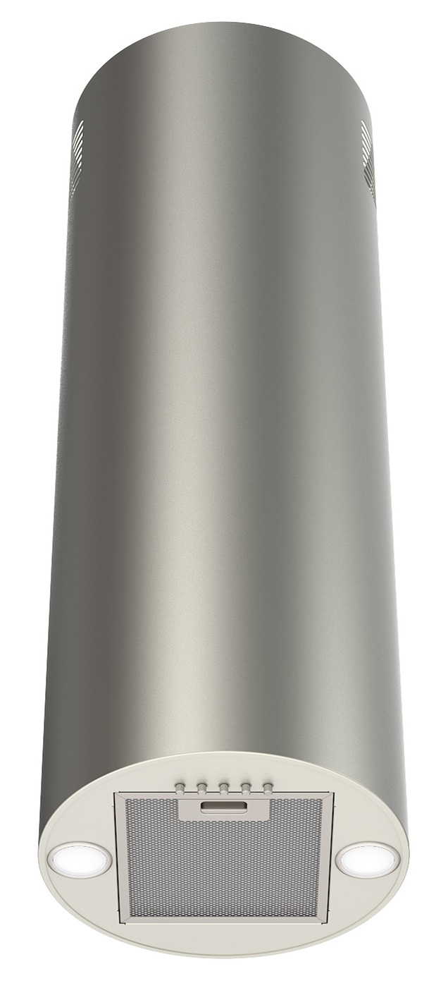 Cylindryczny okap kuchenny. Ma wykończenie ze stali nierdzewnej i posiada filtr, światła i szczeliny wentylacyjne.