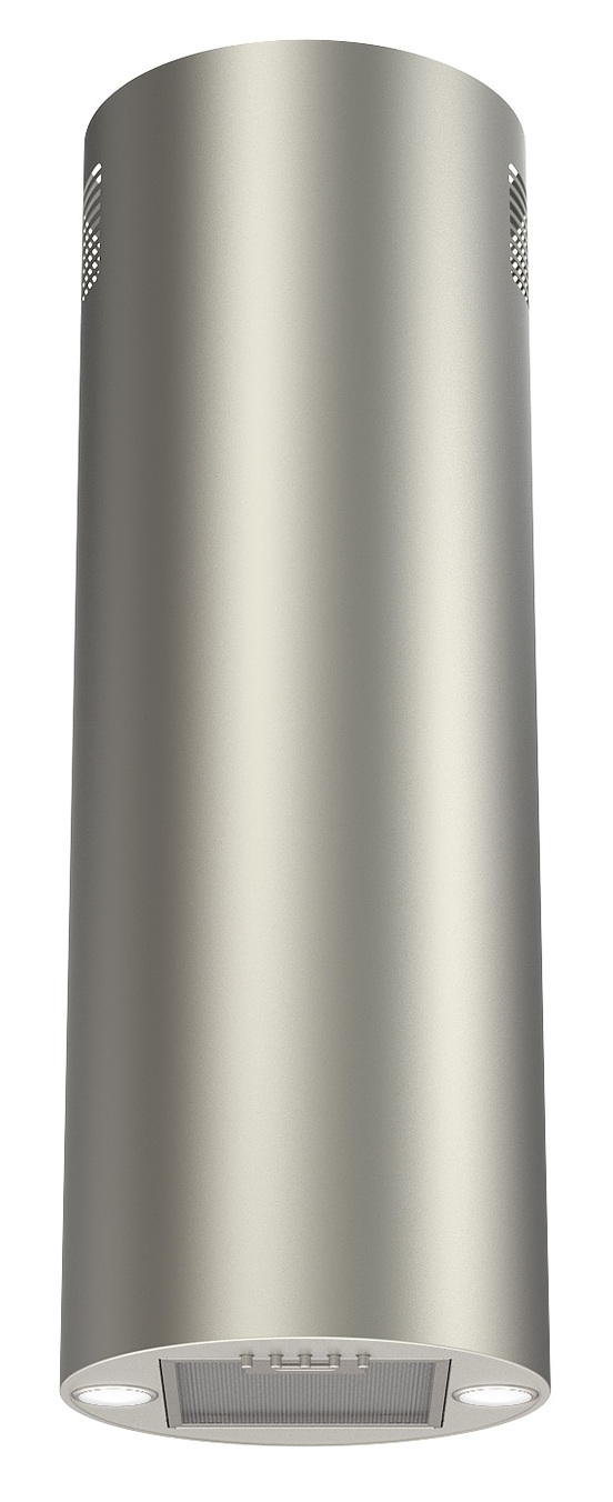 Metalowy cylindryczny okap kuchenny z dwoma światłami na dole. Ma otwory wentylacyjne u góry.