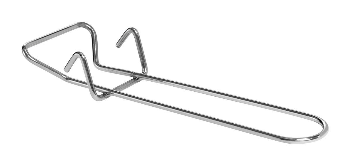 Ein glänzender Metall-Grillrost. Er hat eine rechteckige Oberseite, zwei abgewinkelte Stützen und zwei parallele Stangen.