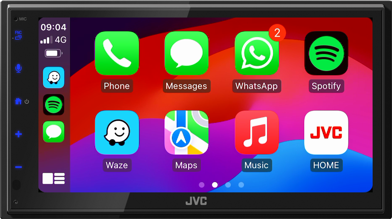 Schermo autoradio con icone app: Telefono, Messaggi, WhatsApp, Spotify, Waze, Mappe, Musica e Home, che mostra l'ora e il segnale.