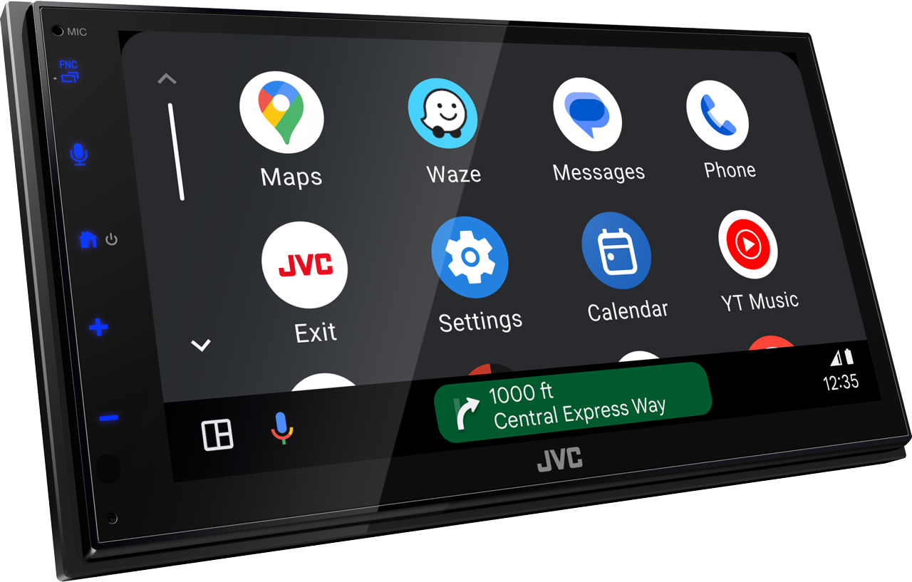 Schermo autoradio con icone di app: Maps, Waze, Messages, Phone, Exit, Settings, Calendar e YT Music. Logo JVC in basso.