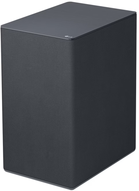 Un caisson de basses LG gris foncé. C'est un boîtier rectangulaire avec des côtés en tissu et un dessus lisse avec le logo LG.