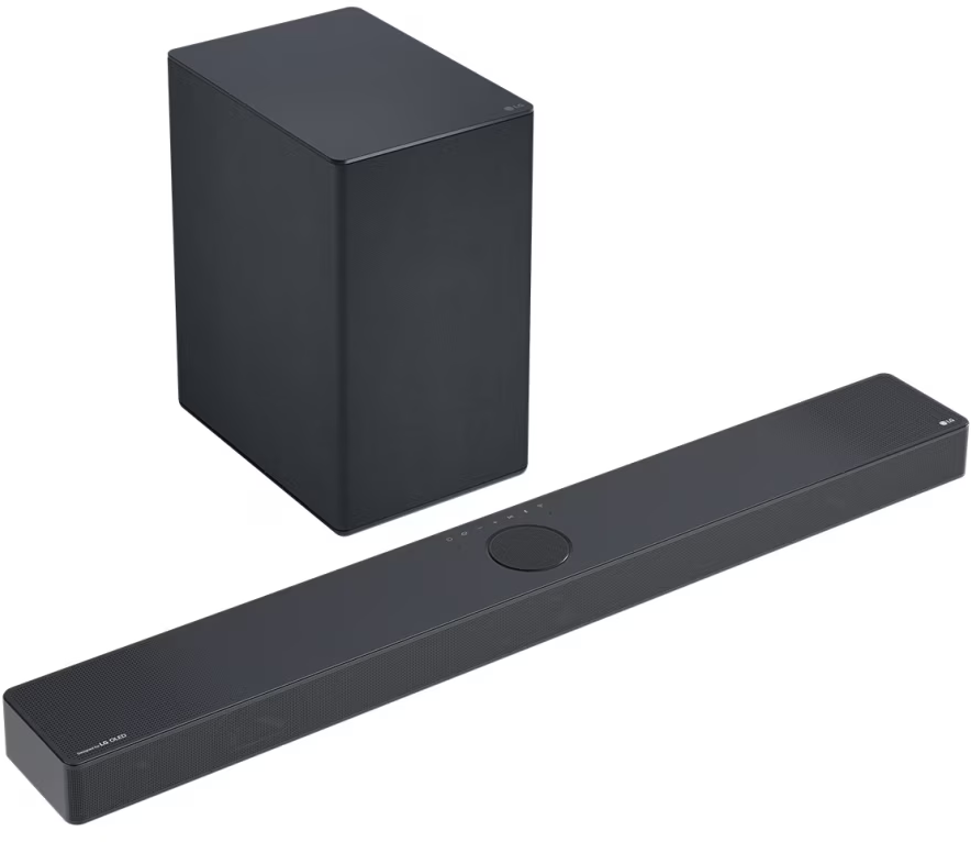 Une barre de son noire et un caisson de basses. La barre de son est longue et rectangulaire. Le caisson est un cube noir.