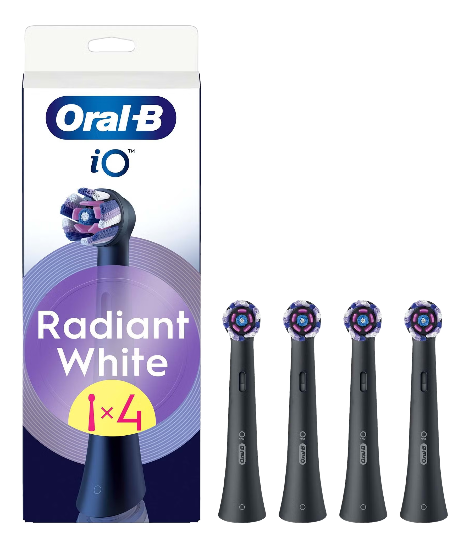 Das Bild zeigt eine Oral-B iO Zahnbürstenkopfbox und vier Ersatzköpfe. Die Box ist weiß und blau mit Produktdetails.