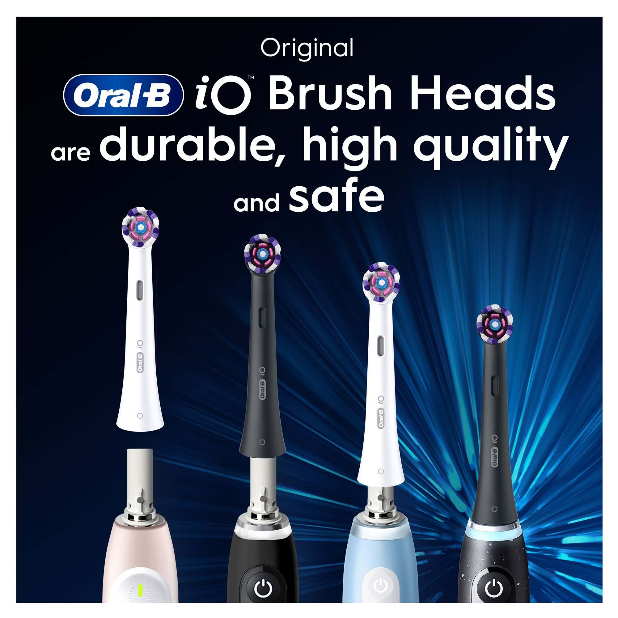 Das Bild zeigt Oral-B iO-Bürstenköpfe. Es gibt mehrere farbige Zahnbürsten mit dem Text 'langlebig, hochwertig und sicher'.