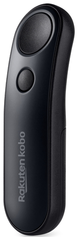 Eine schwarze Kobo-Fernbedienung. Sie hat zwei Knöpfe und das Rakuten Kobo-Logo. Die Form ist gebogen und ergonomisch.
