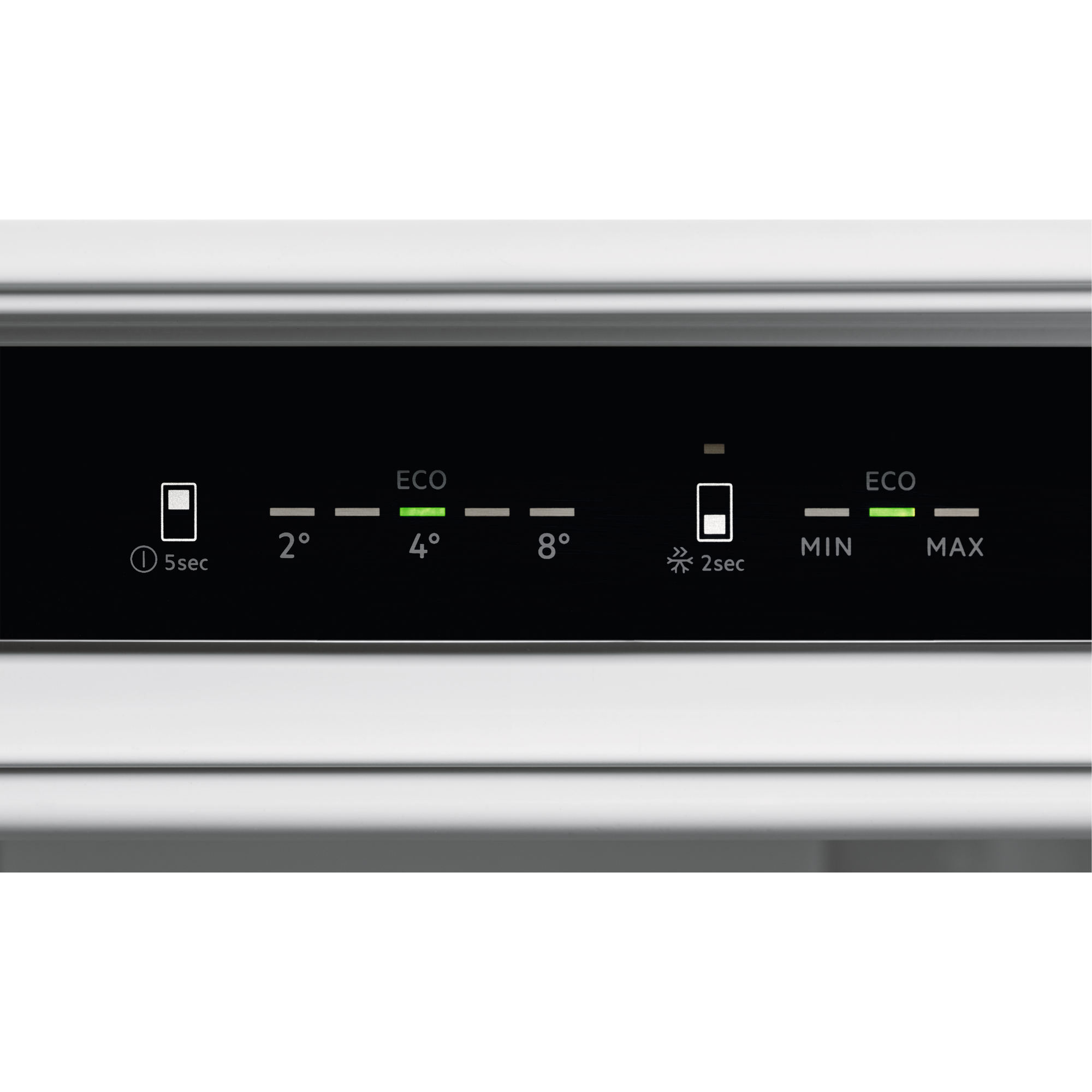 Panel sterowania lodówki. Wyświetla ustawienia temperatury i tryb ECO. Ikony baterii, płatka śniegu i temperatury.