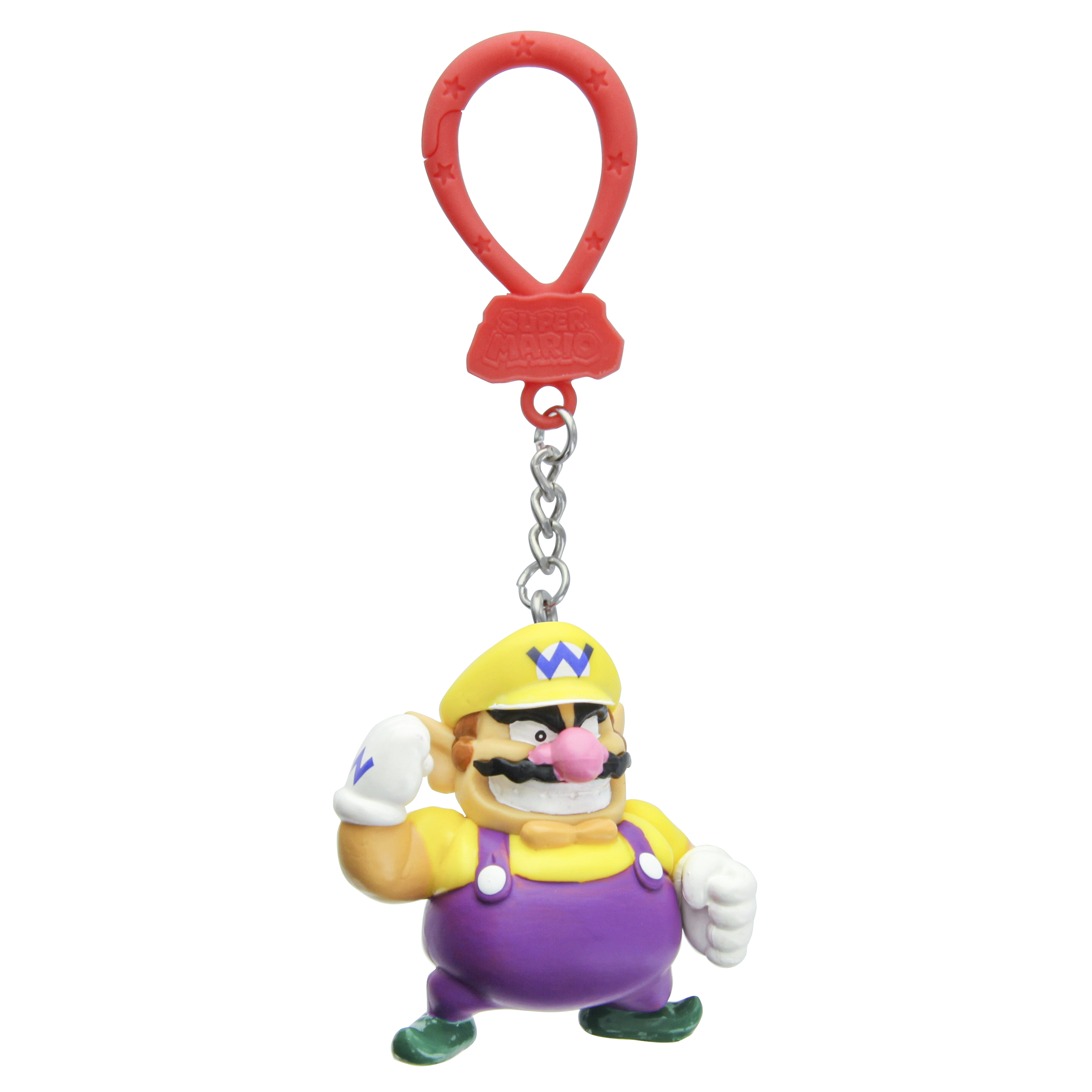 Ein Wario-Schlüsselanhänger. Wario trägt einen gelben Hut und ein Hemd, eine lila Latzhose und grüne Schuhe. Der Schlüsselanhänger hat einen roten Clip.