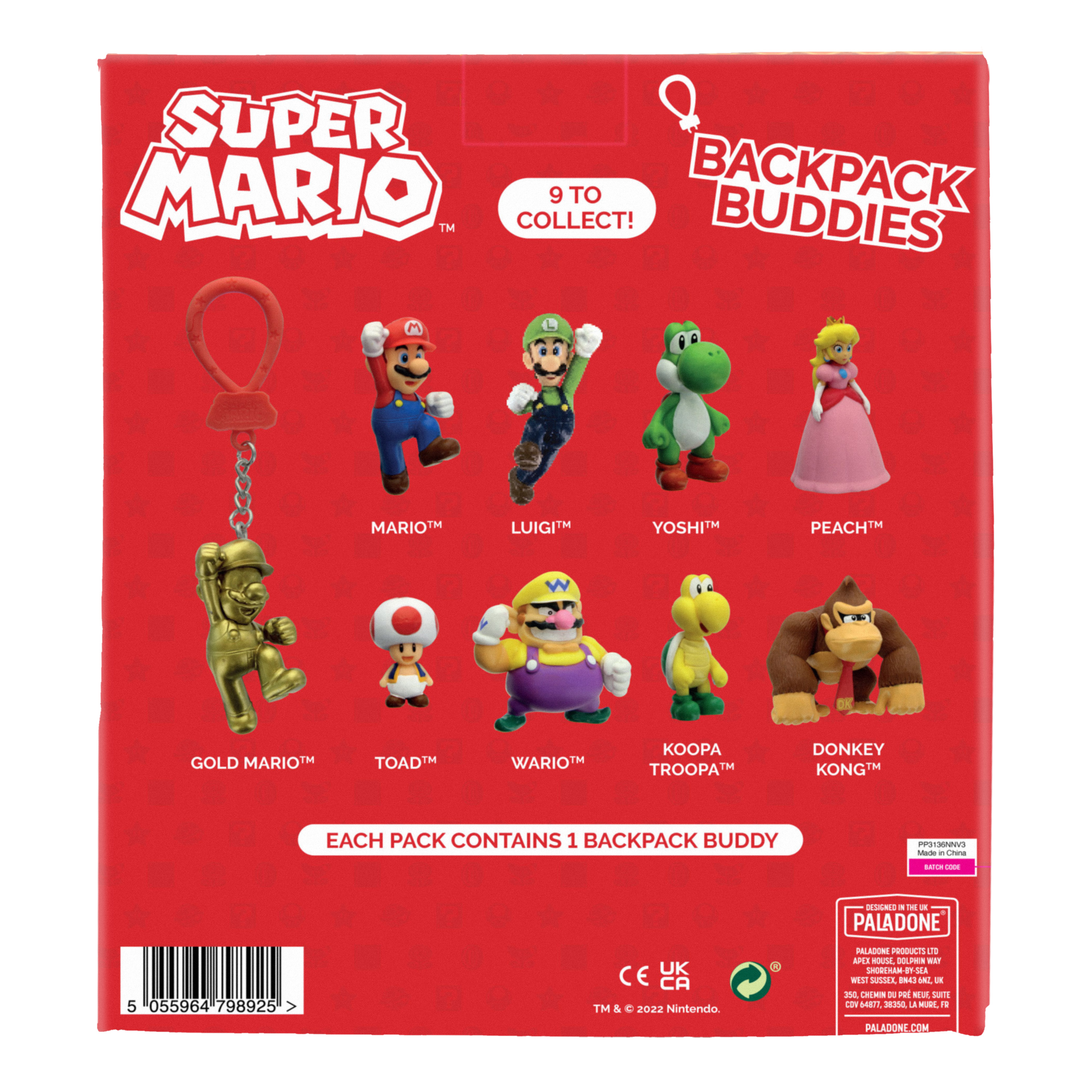 Rote Box mit Super Mario-Figuren. Enthält Mario, Luigi, Yoshi, Peach, Gold Mario, Toad, Wario, Koopa Troopa, Donkey Kong.