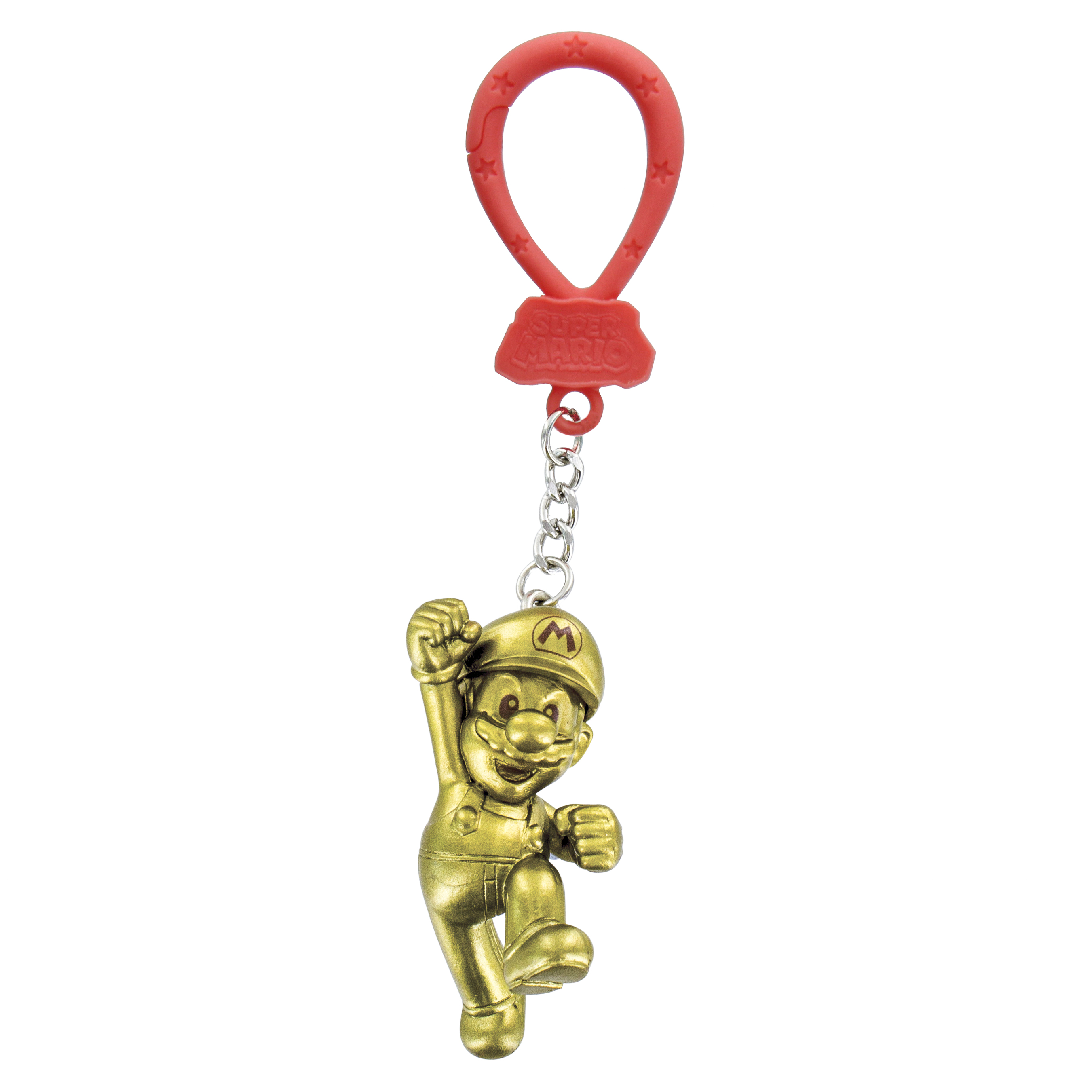 Goldener Mario-Schlüsselanhänger, roter Schlaufe und Kette. Mario-Figur springt.