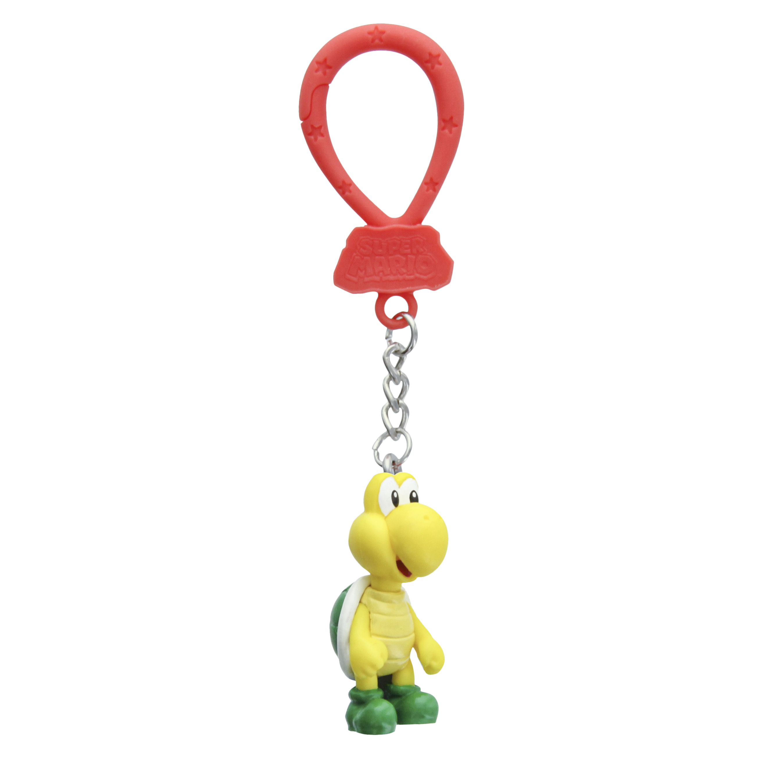 Ein Super Mario-Schlüsselanhänger mit roter Schlaufe, silberner Kette und gelber Koopa Troopa-Figur.