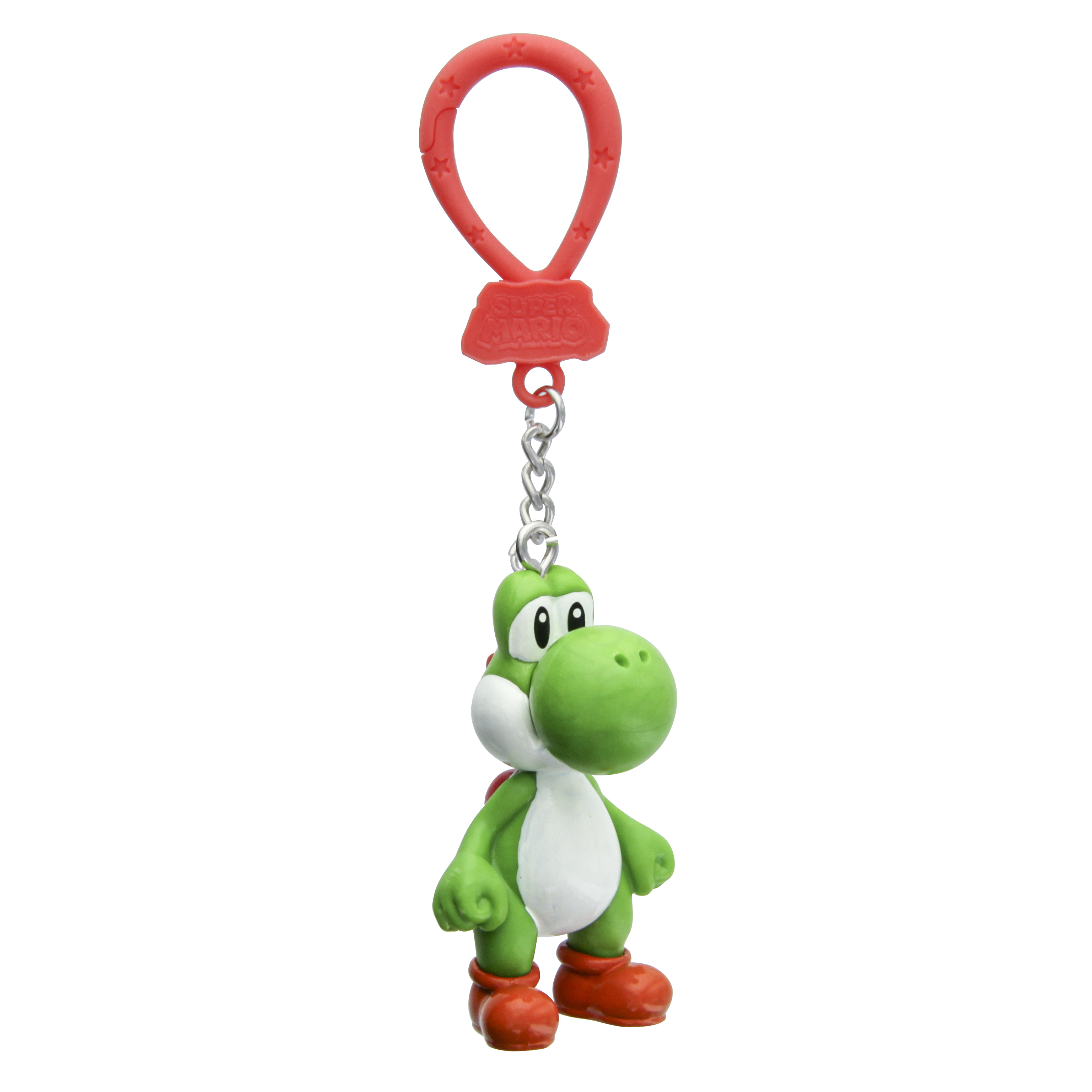 Yoshi-Schlüsselanhänger. Grüne Yoshi-Figur mit roten Schuhen und weißem Bauch an roter Schlaufe hängend.