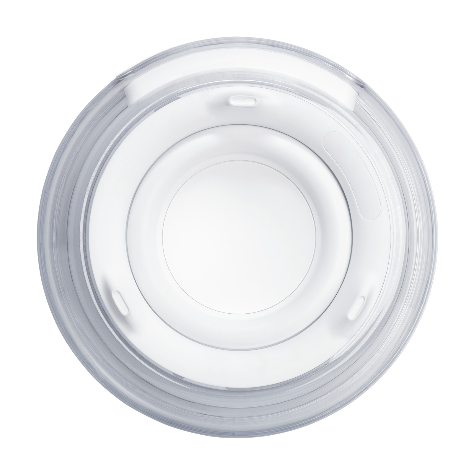 Draufsicht auf einen durchsichtigen, kreisförmigen Deckel mit Innenringen und kleinen Laschen. Weißer Hintergrund.