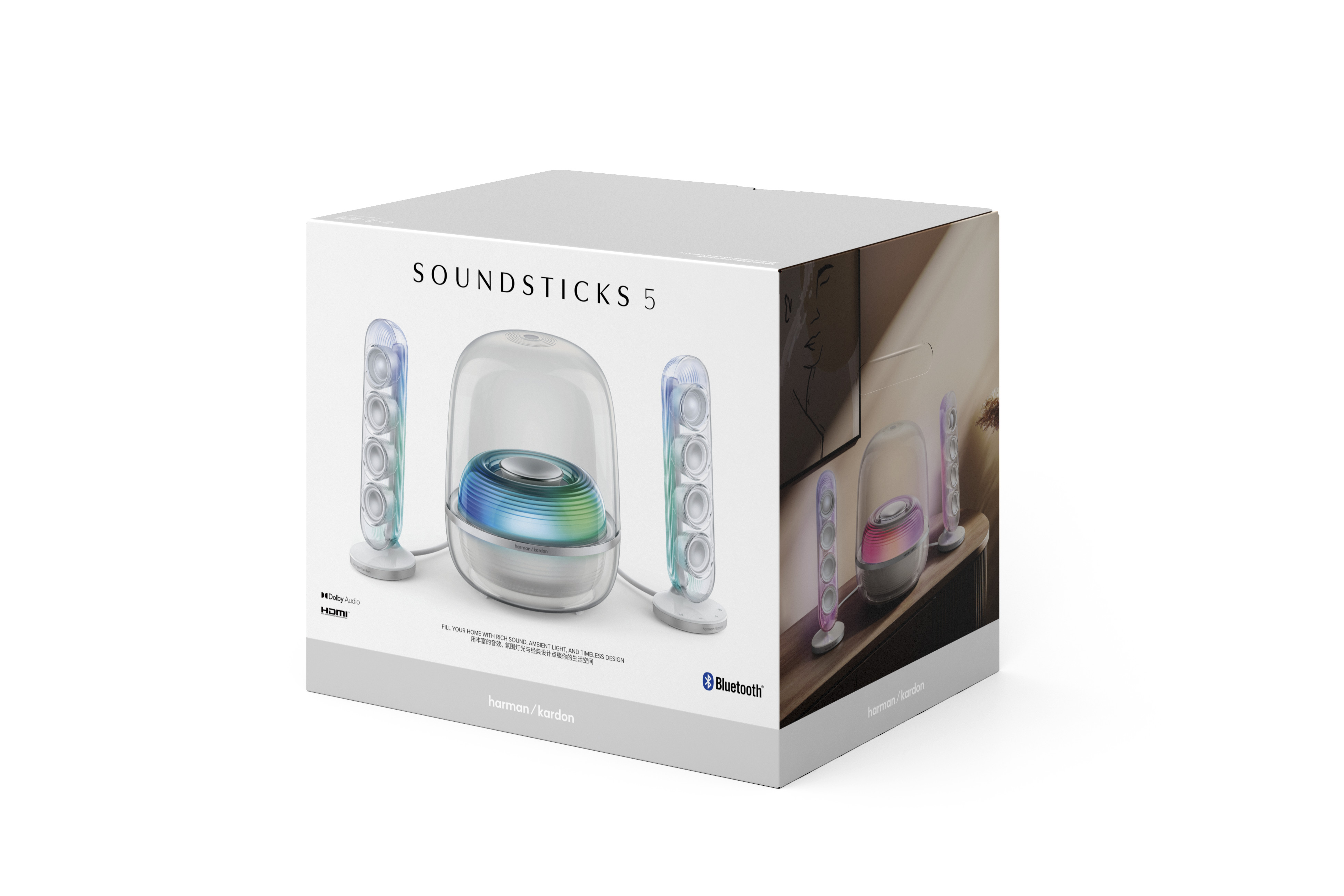 Box mit Soundsticks 5 Lautsprechern. Die Box zeigt die Lautsprecher: Zentraleinheit und zwei Satelliten.