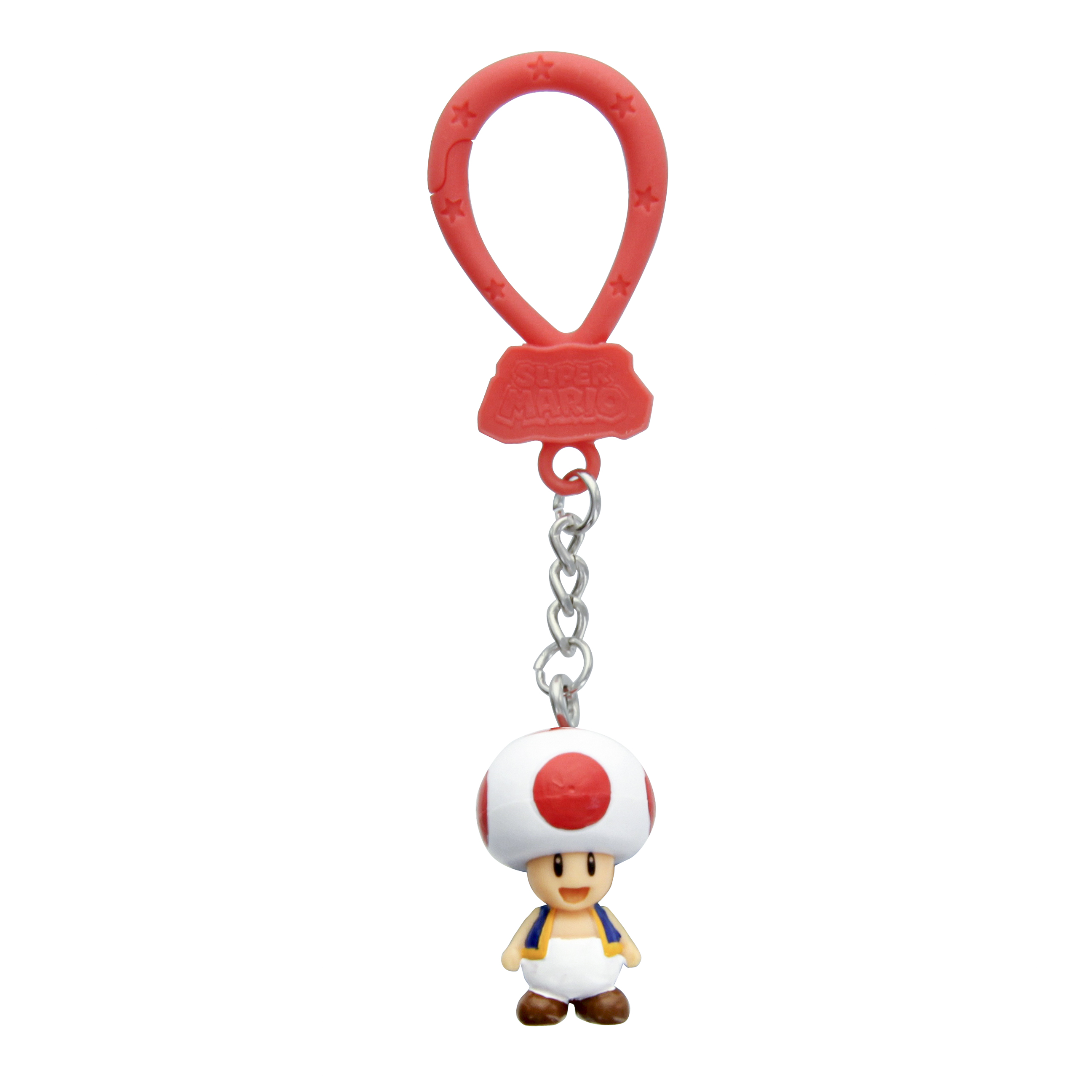 Toad-Schlüsselanhänger. Rote Schlaufe mit Sterndetails. Kette verbindet sich mit einer Toad-Figur mit weißem Pilzhut und roten Punkten.
