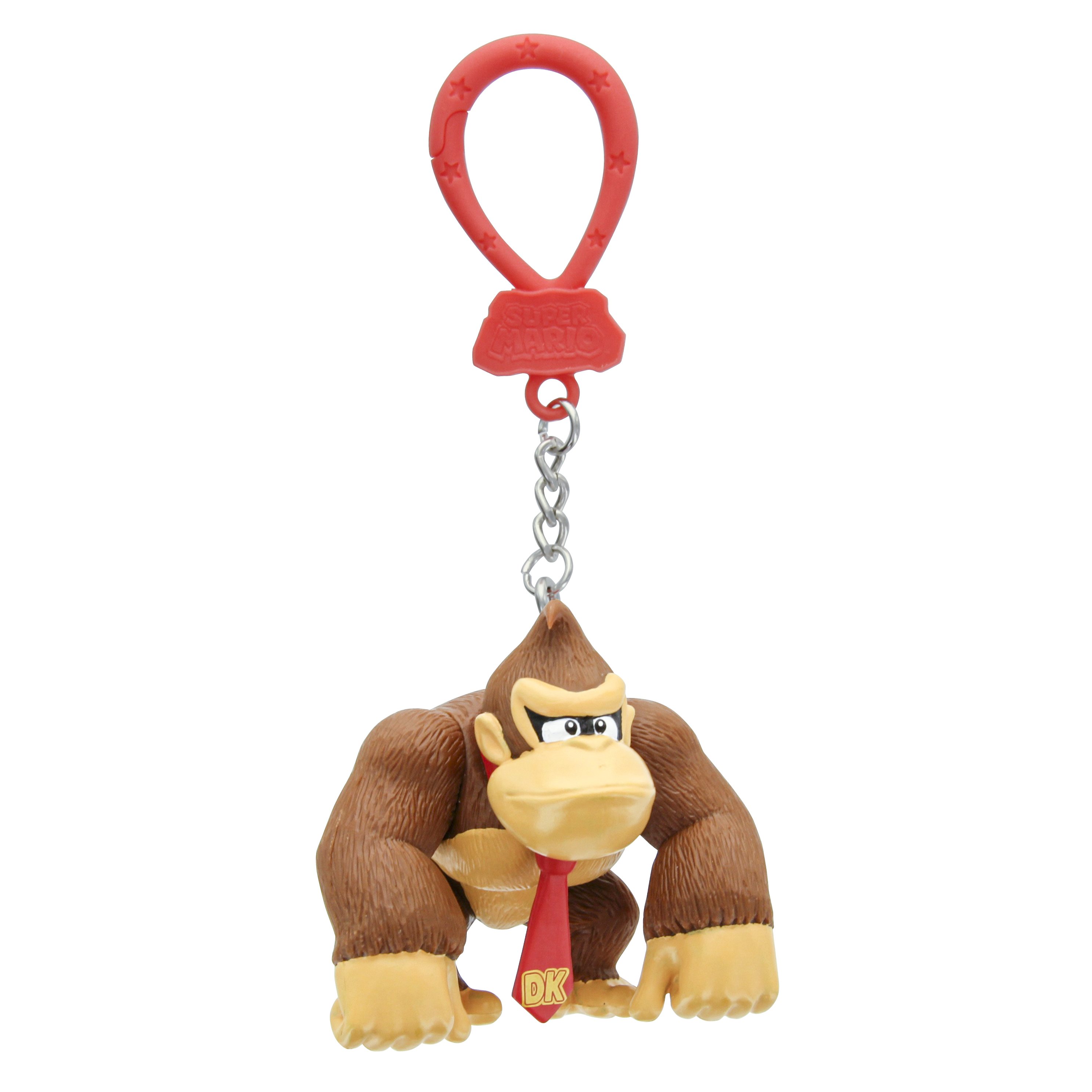 Donkey Kong Schlüsselanhänger. Rote Schlaufe mit Sternen, Silberkette und ein brauner Gorilla mit roter Krawatte mit "DK".