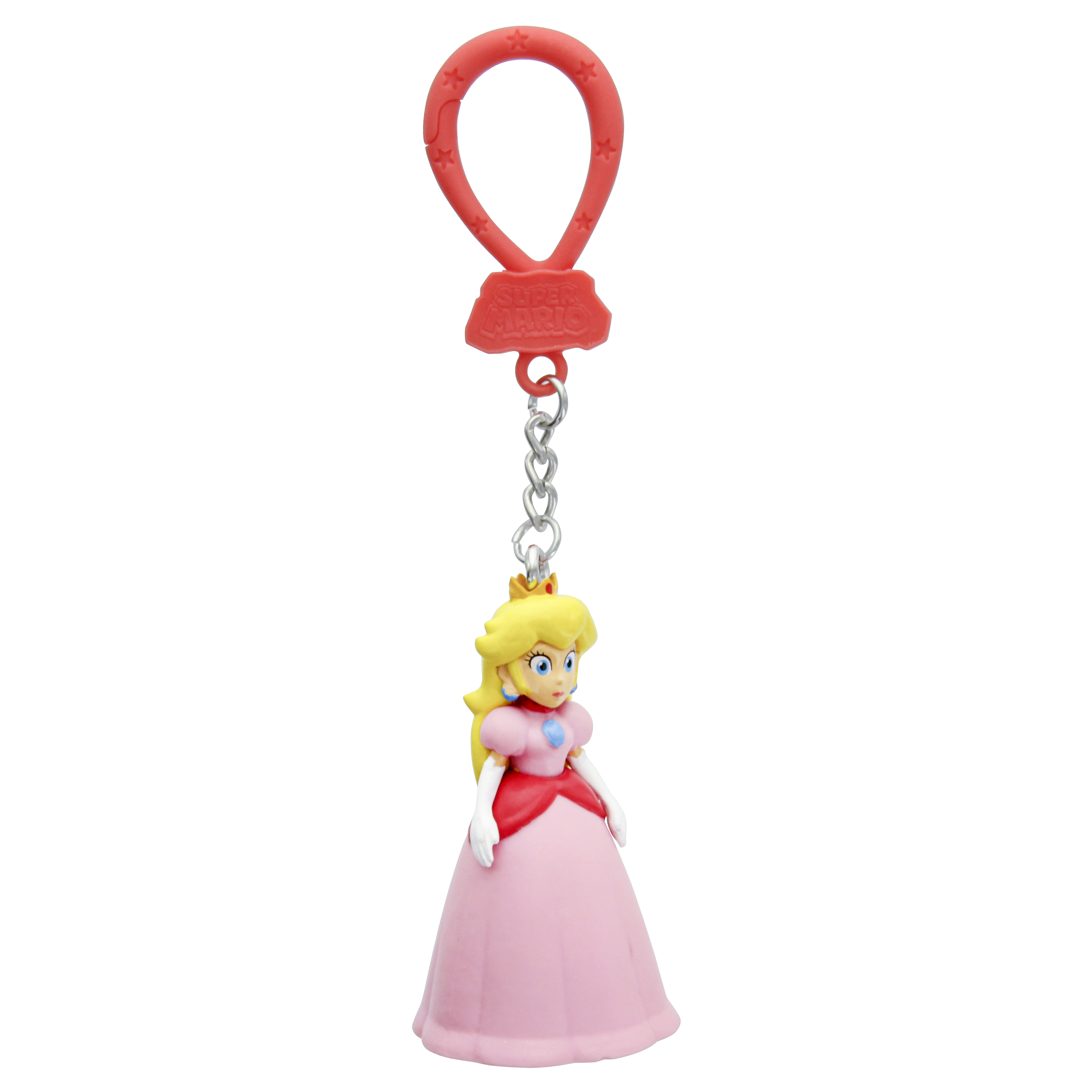 Prinzessin Peach Schlüsselanhänger. Rosa Kleid, blonde Haare, Krone. Rote Schlaufe und Super Mario Logo.