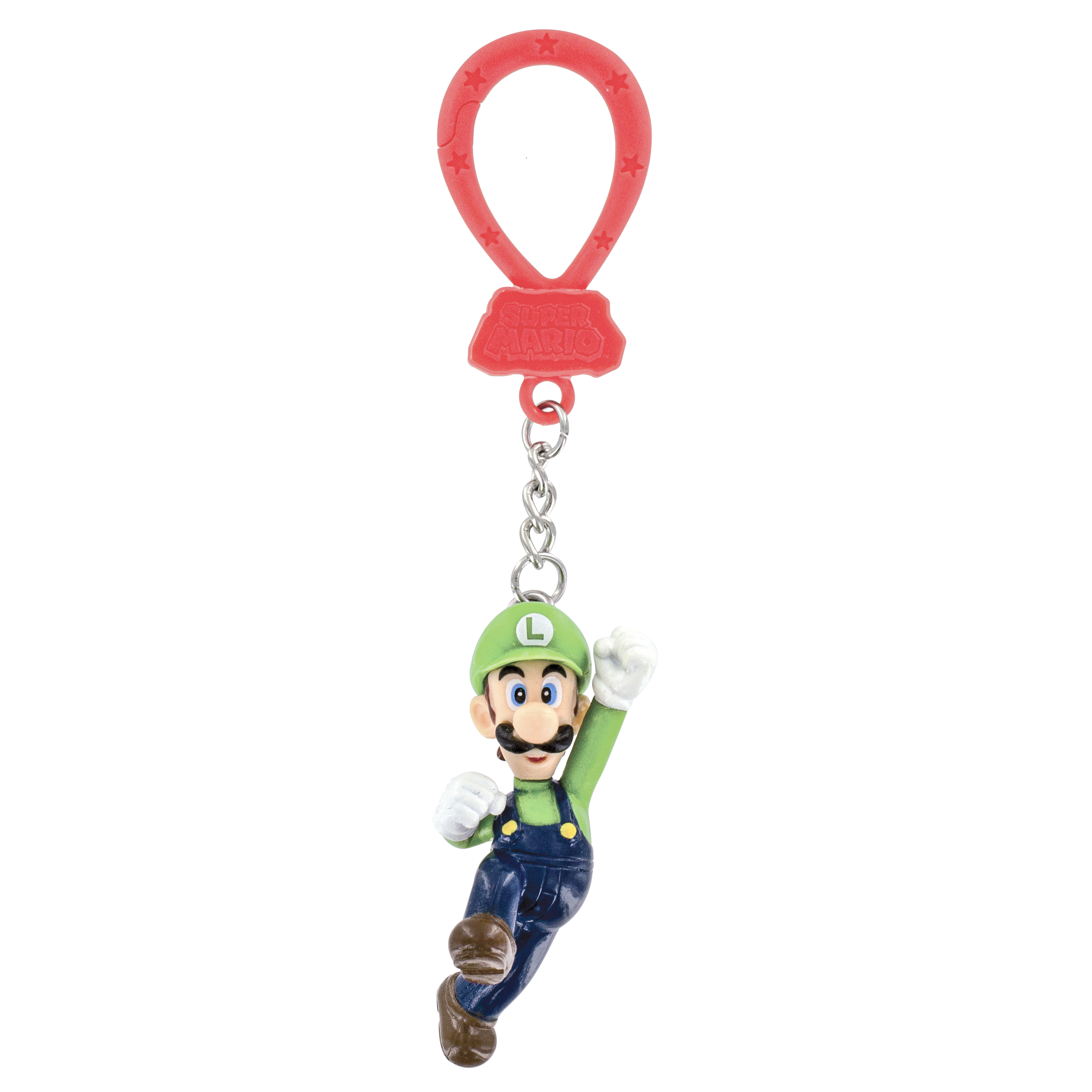 Gezeigt wird ein Luigi-Schlüsselanhänger. Luigi, in seinem grünen Hut und seiner Latzhose, ist an einem roten Ring mit Super Mario Logo befestigt.
