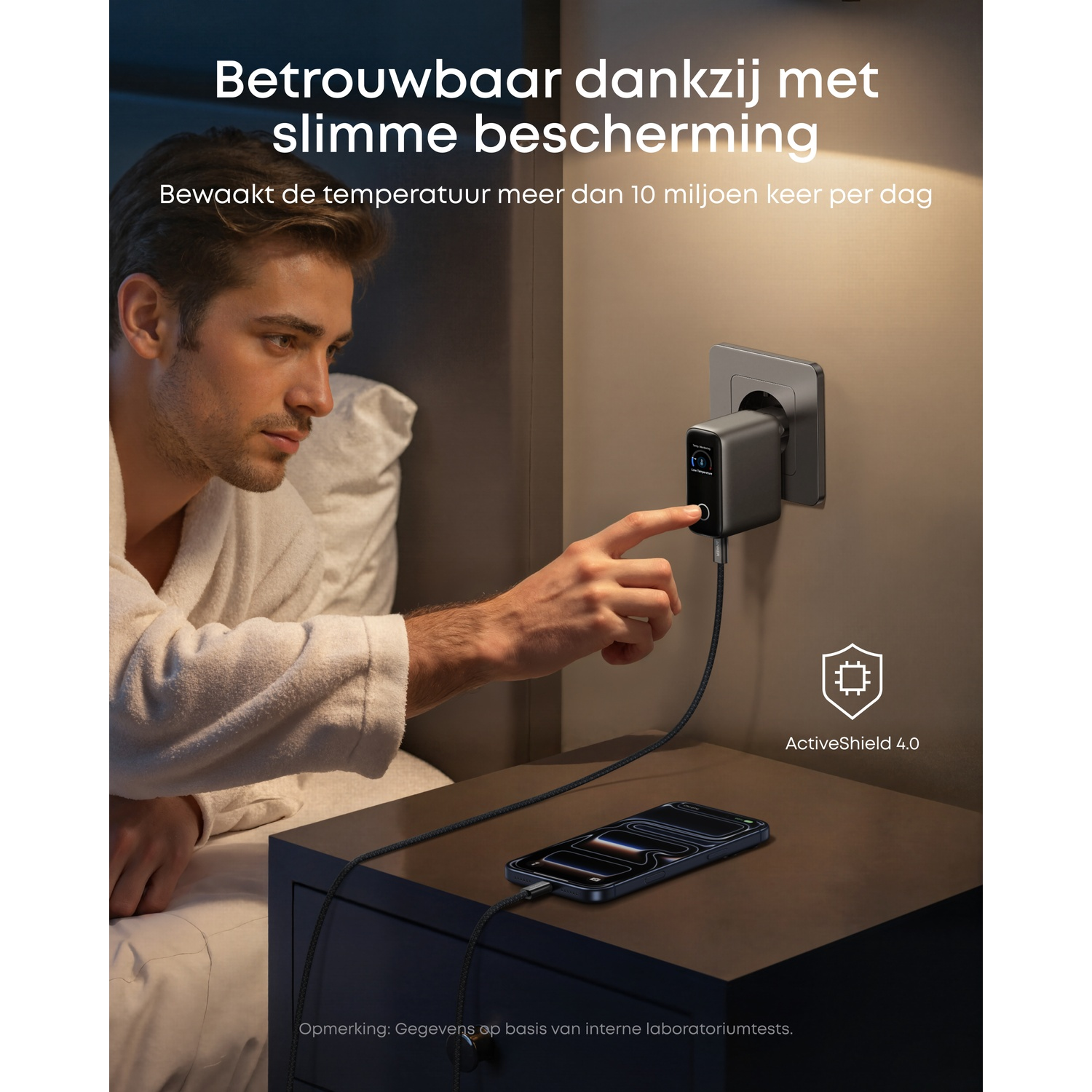 A man touches a black charger plugged into a wall. A phone on a nightstand is charging. Text: Reliable with smart protection.