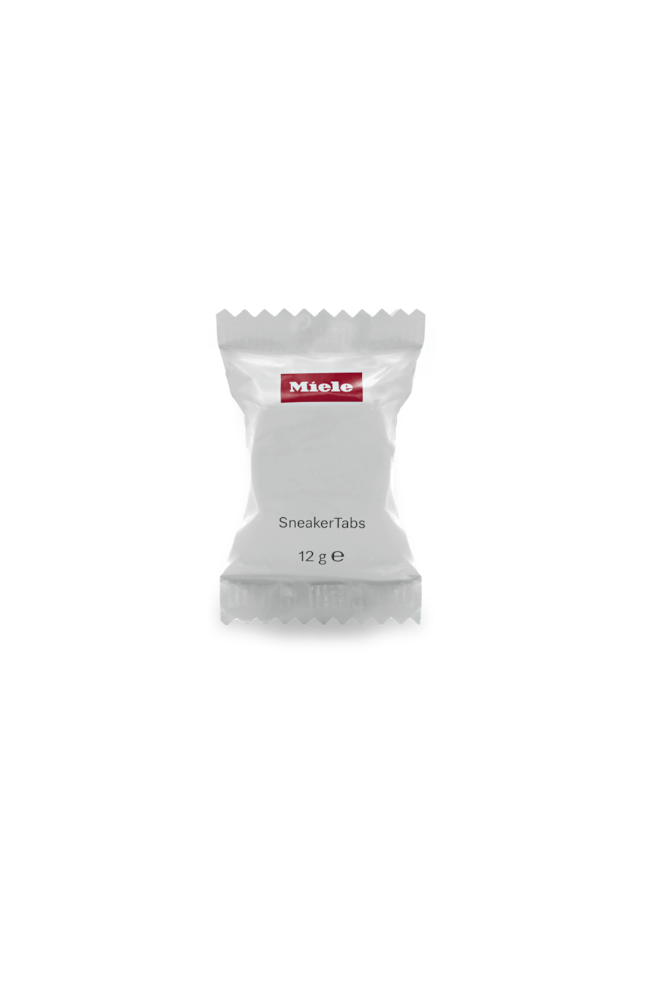 Ein weißes Päckchen Miele SneakerTabs. Das Päckchen hat das Miele-Logo und den Text 'SneakerTabs 12 g e'.