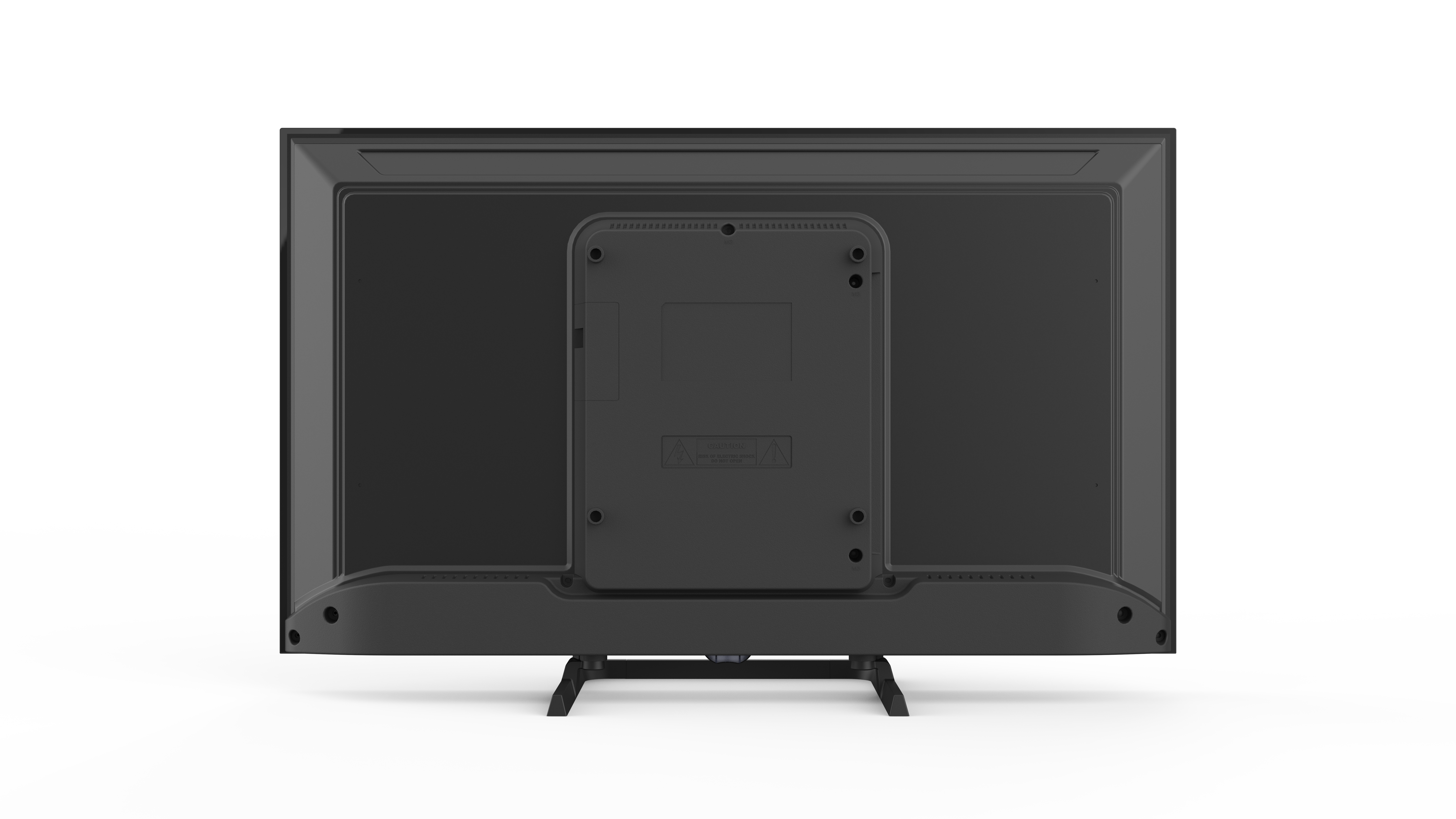 Tył czarnego telewizora z płaskim ekranem, ze centralnym wspornikiem i dwoma nogami.