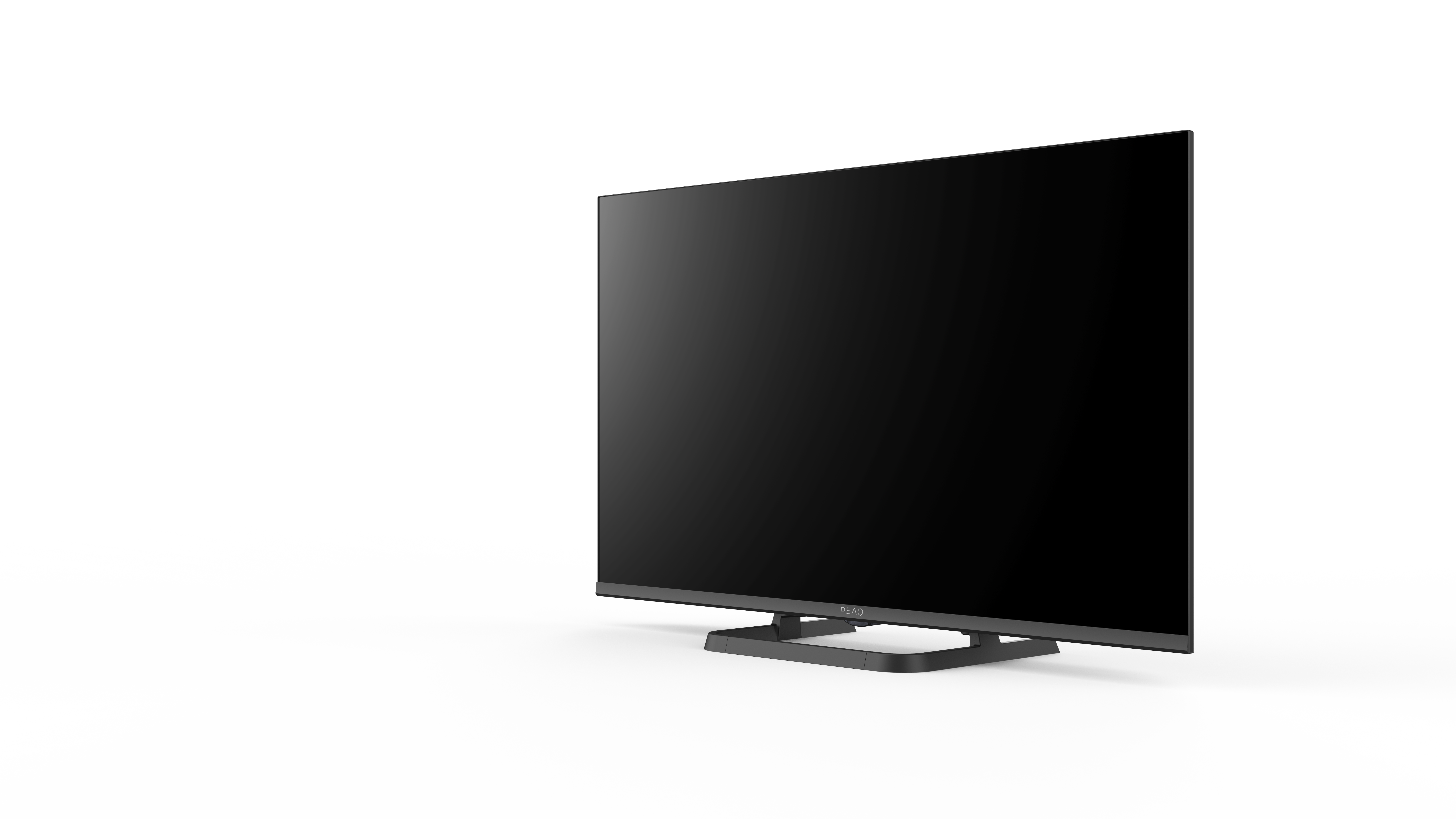 Nowoczesny telewizor stoi na białej powierzchni, z czarnym ekranem. Tło biało-czarne, abstrakcyjne.