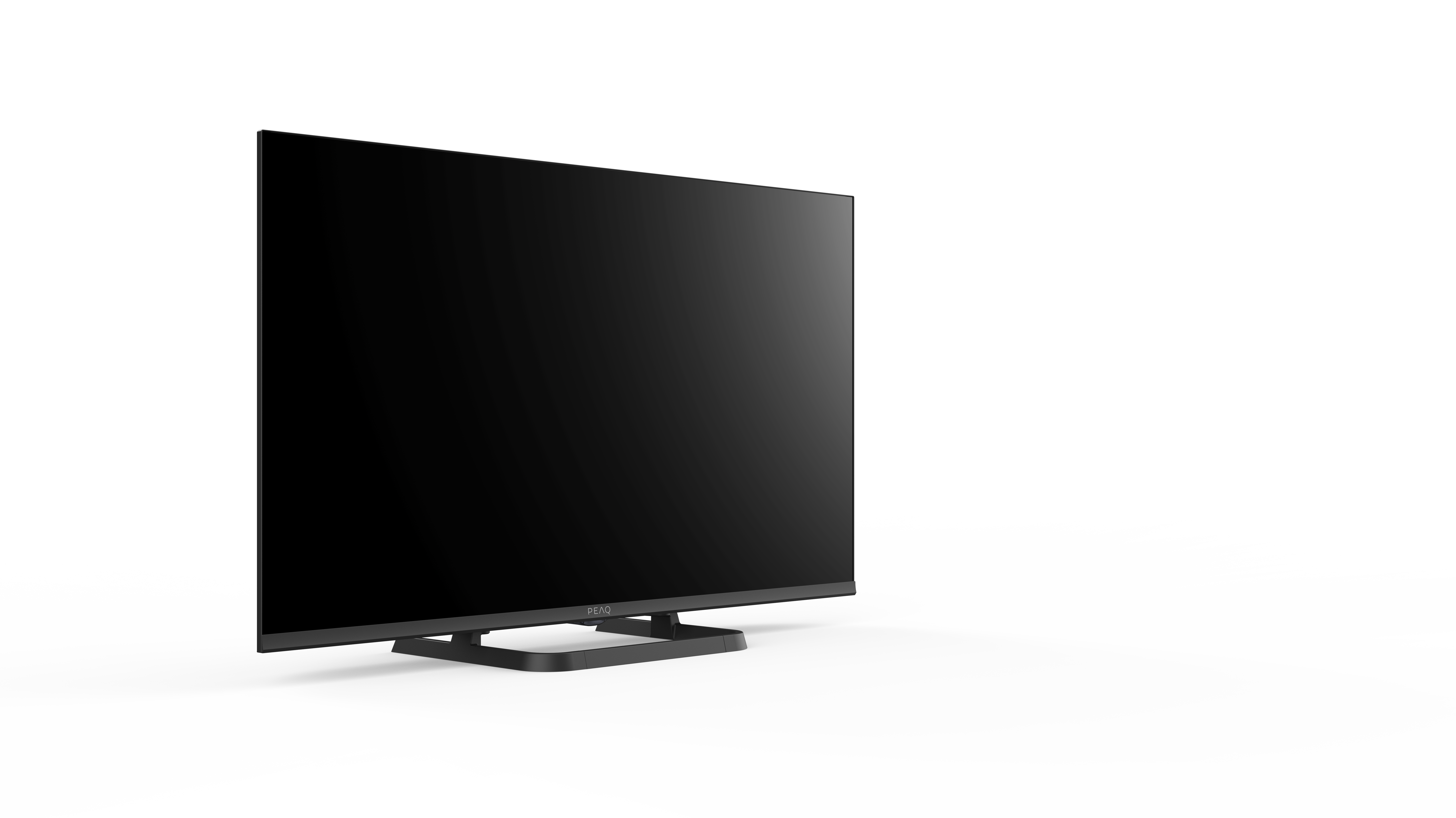 Nowoczesny czarny telewizor z ciemnym ekranem na białej powierzchni. Tło jest biało-czarne abstrakcyjne.