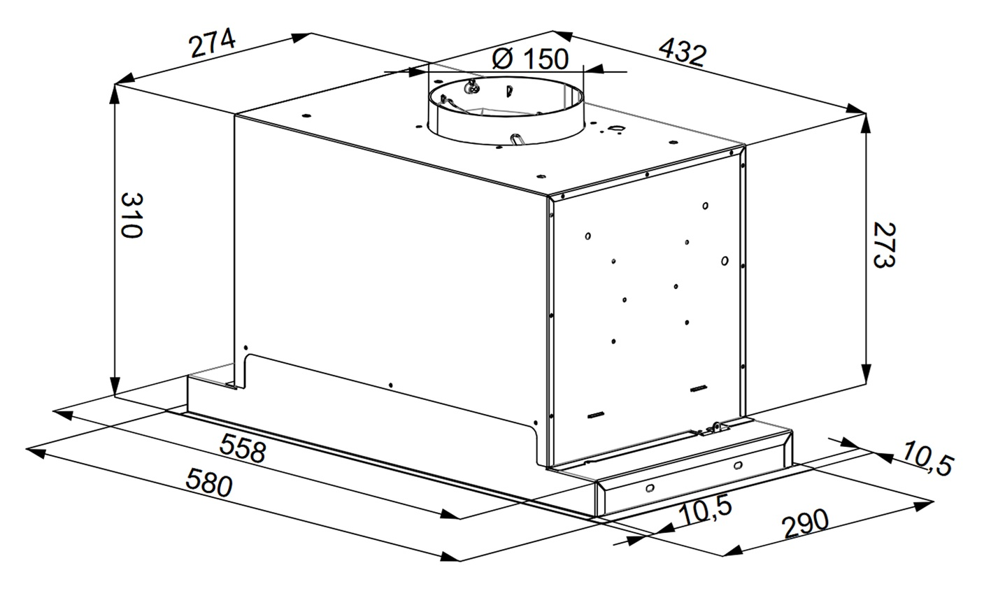 Rysunek techniczny okapu kuchennego, pokazujący wymiary w milimetrach. Zawiera okrągły otwór wentylacyjny i prostokątny korpus.