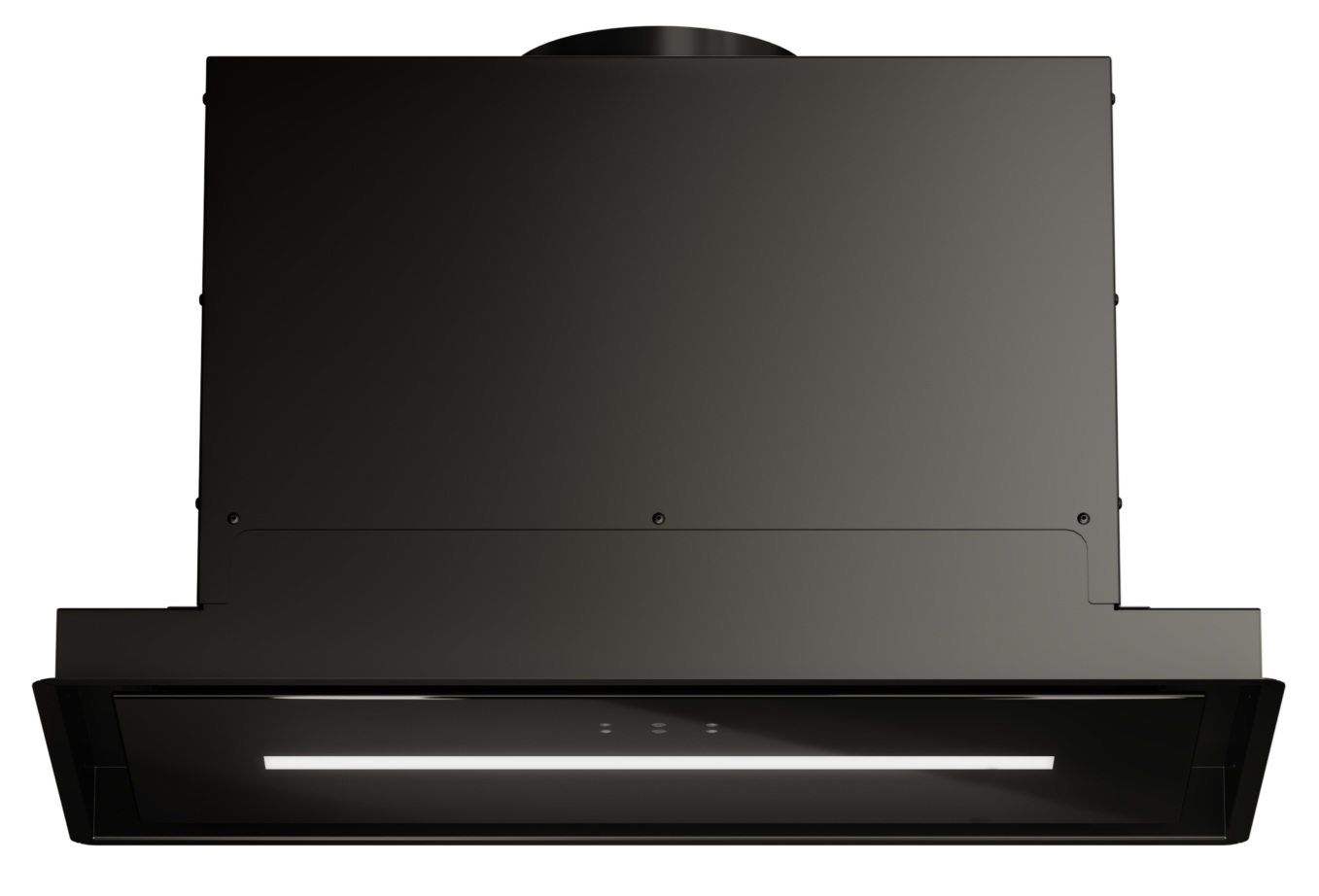 Czarny okap o prostokątnym kształcie, z poziomym światłem i panelem sterowania na dole.