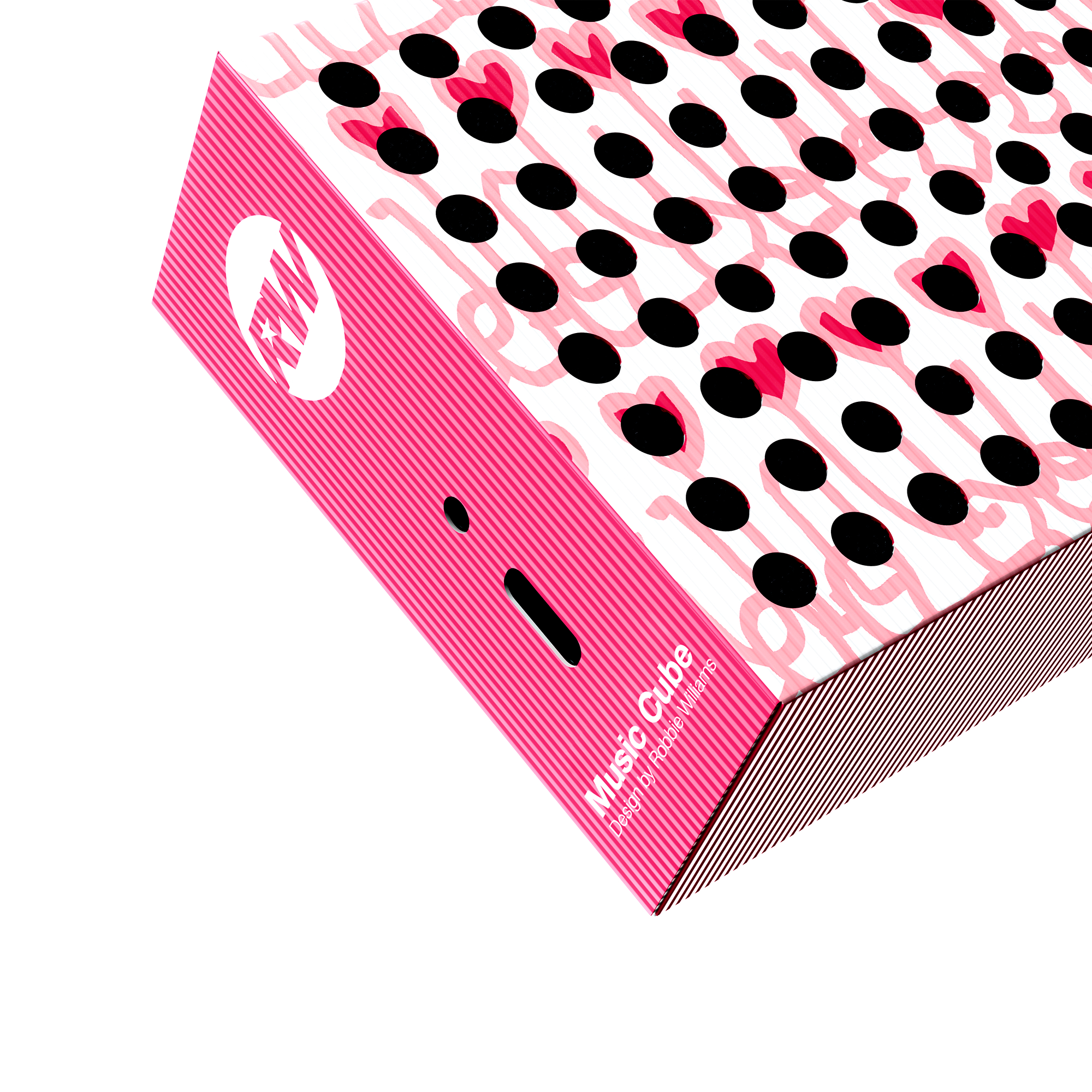 Rosa Music Cube-Box mit schwarzen Punkten und rotem Herzenmuster. Weißes Logo. Design von Robbie Williams.