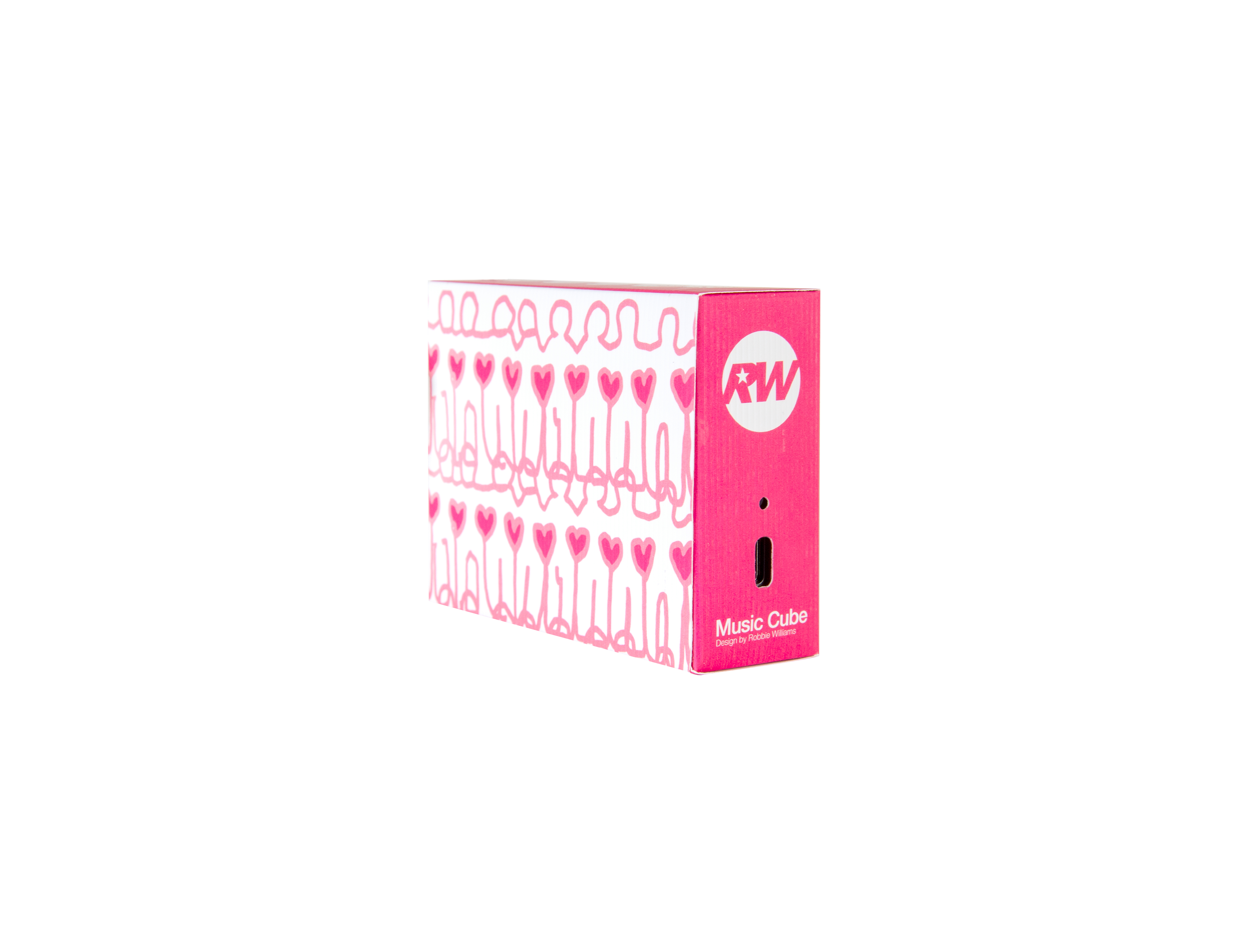 Rosa Musikwürfelbox mit Herz- und RW-Logo auf weißem Hintergrund. Entworfen von Robbie Williams.