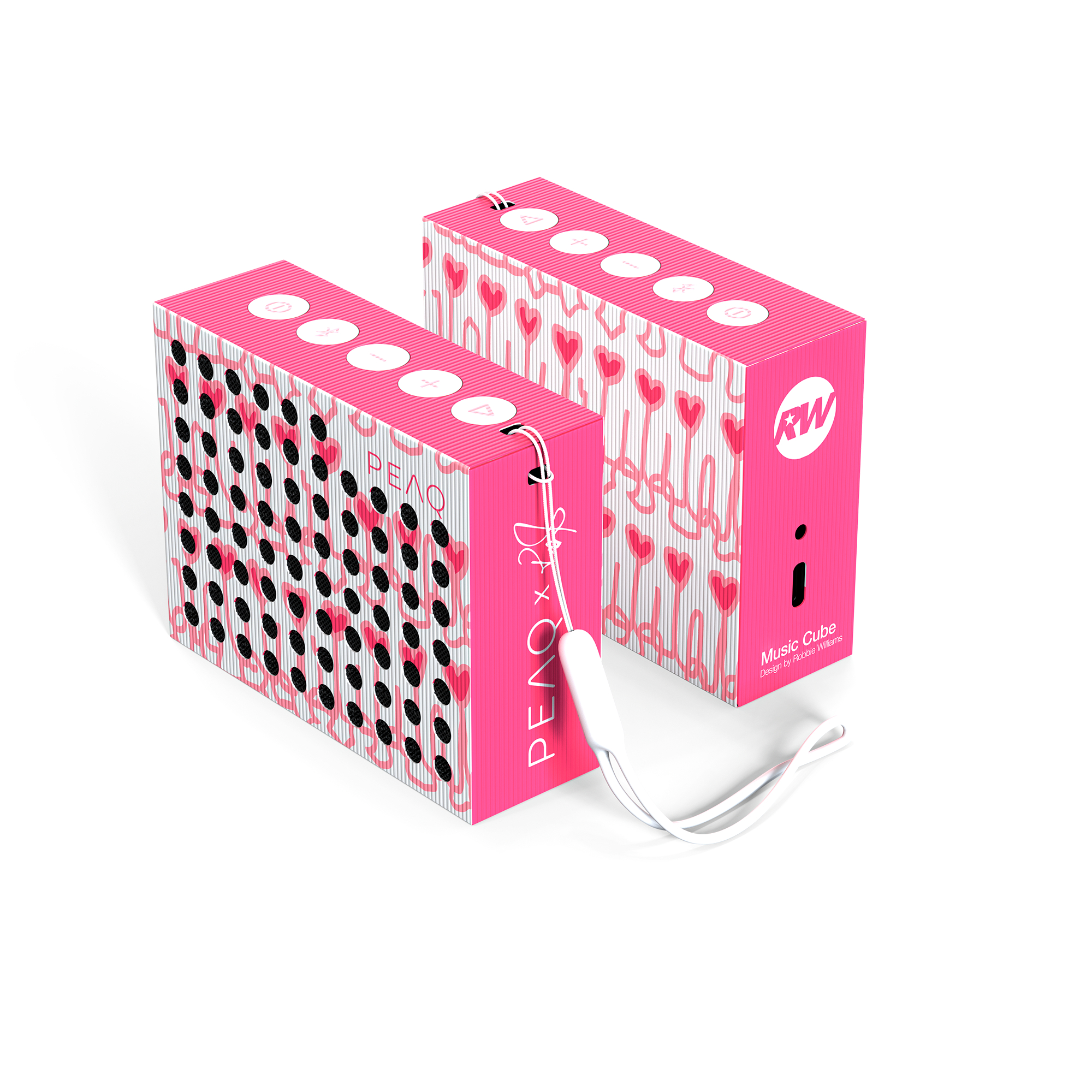 Zwei rosa Musikwürfel mit schwarzen Punkten und Herzmustern, weißen Knöpfen und einer weißen Handschlaufe. Design von Robbie Williams.