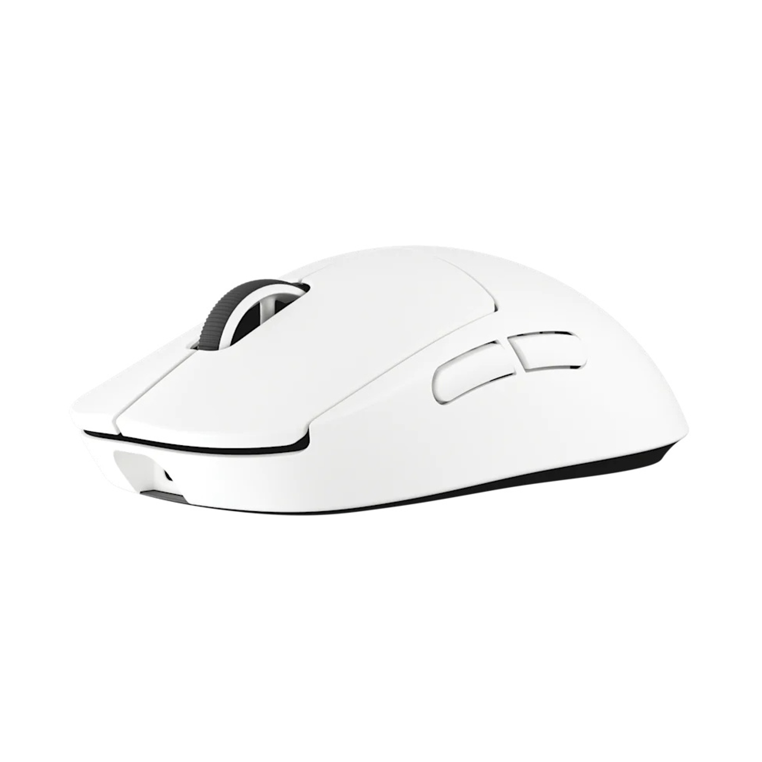 Un mouse per computer wireless bianco con una rotella e due pulsanti laterali, su sfondo bianco.