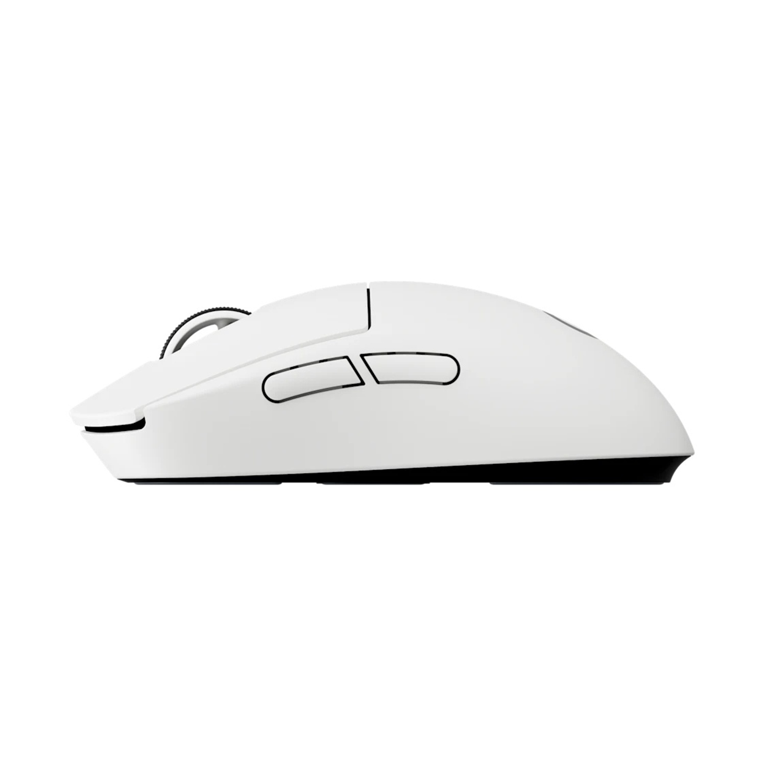 Un mouse bianco con dettagli neri, con pulsanti e rotella di scorrimento, isolato su sfondo bianco.