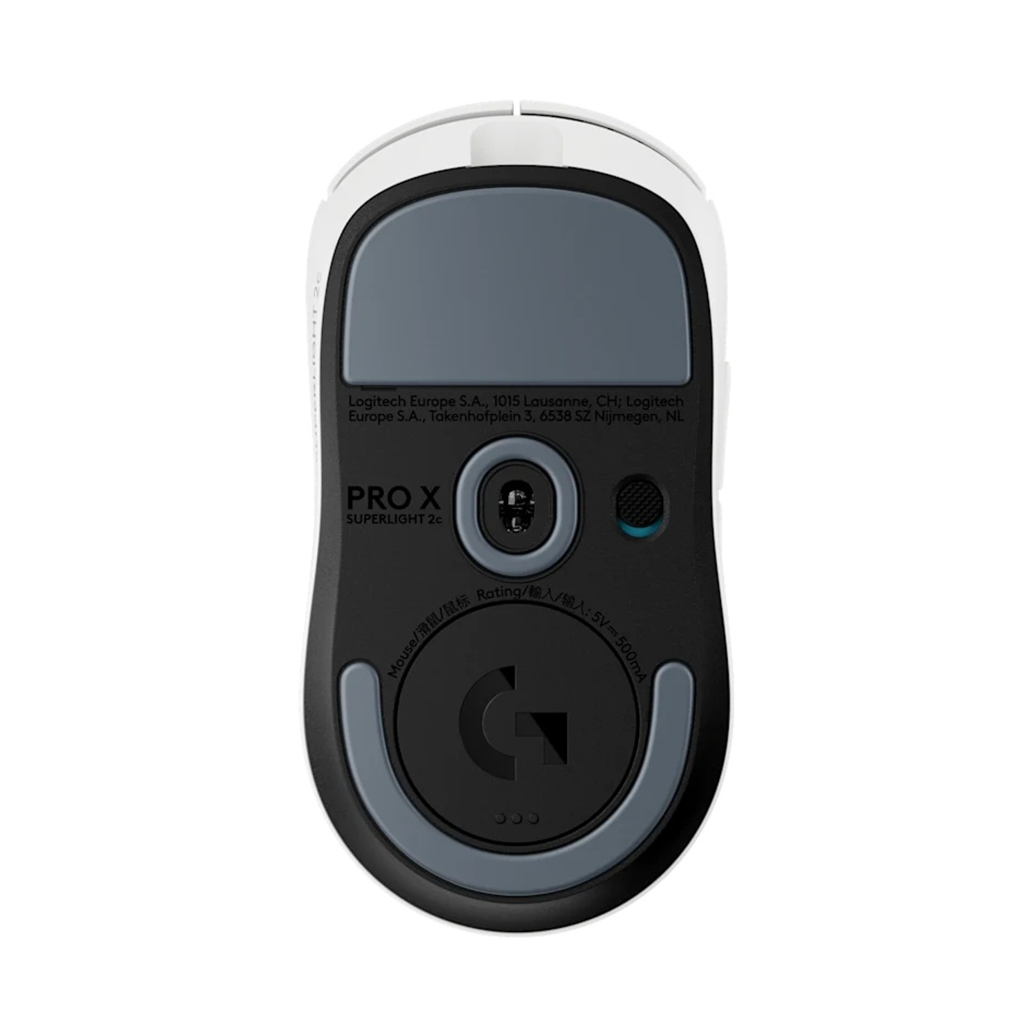 La parte inferiore di un mouse Logitech Pro X Superlight 2c bianco e nero. Ha una sezione centrale grigia, un bordo nero e un logo G.